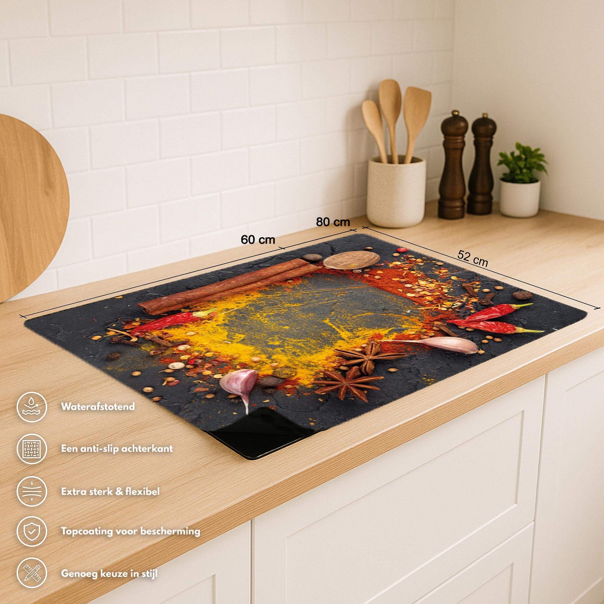 Eastern Spice Mix inductiebeschermer met afmetingen en iconen die de eigenschappen tonen.