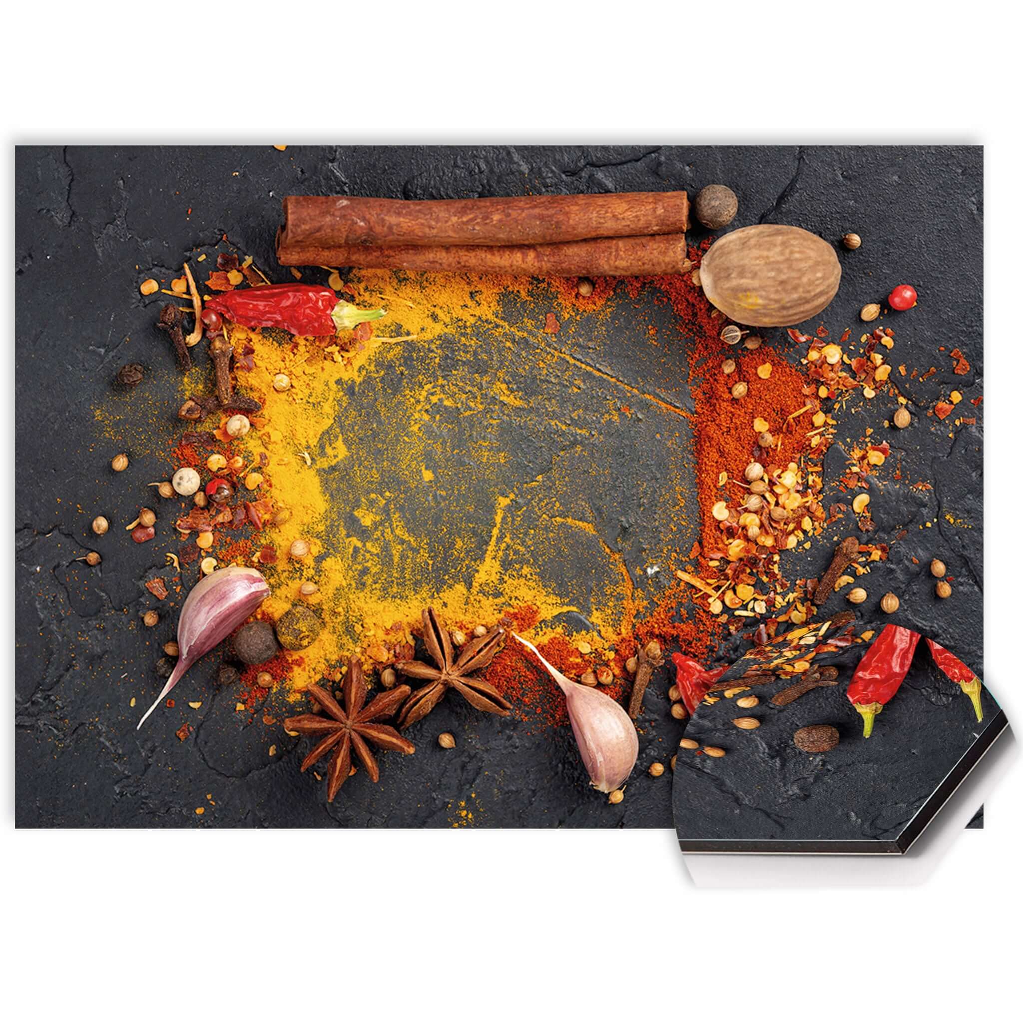 Close-up van het Eastern Spice Mix spatscherm met kleurrijke kruiden en specerijen