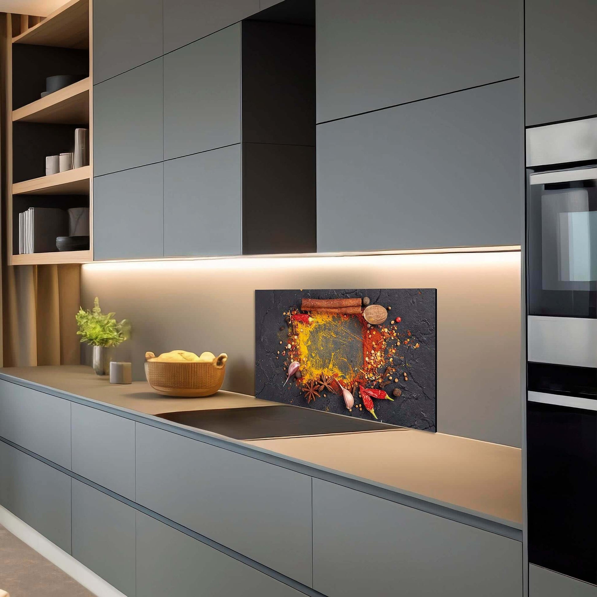 Eastern Spice Mix spatscherm geplaatst in een moderne donkere keuken met sfeervolle verlichting