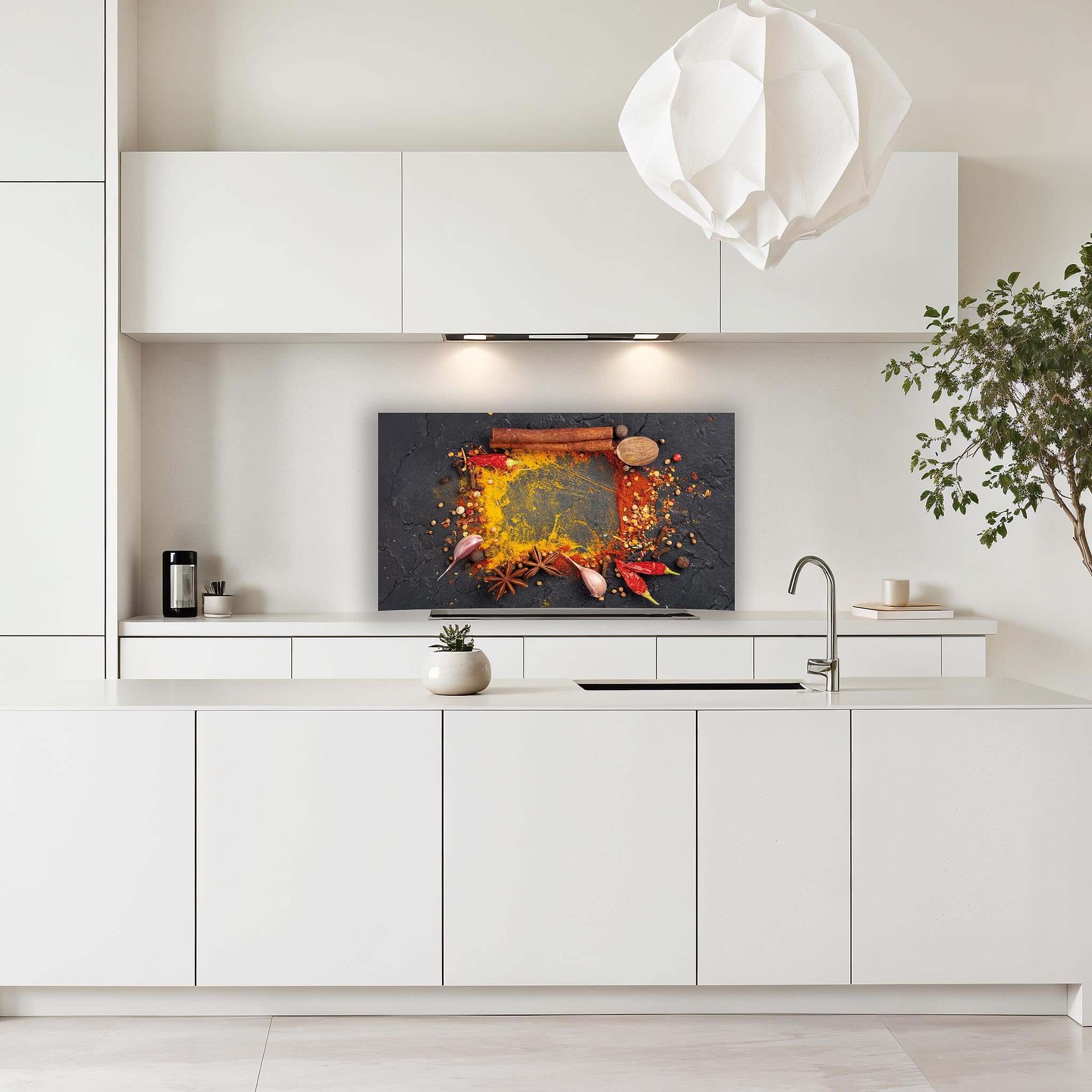 Eastern Spice Mix spatscherm gemonteerd in een moderne witte keuken