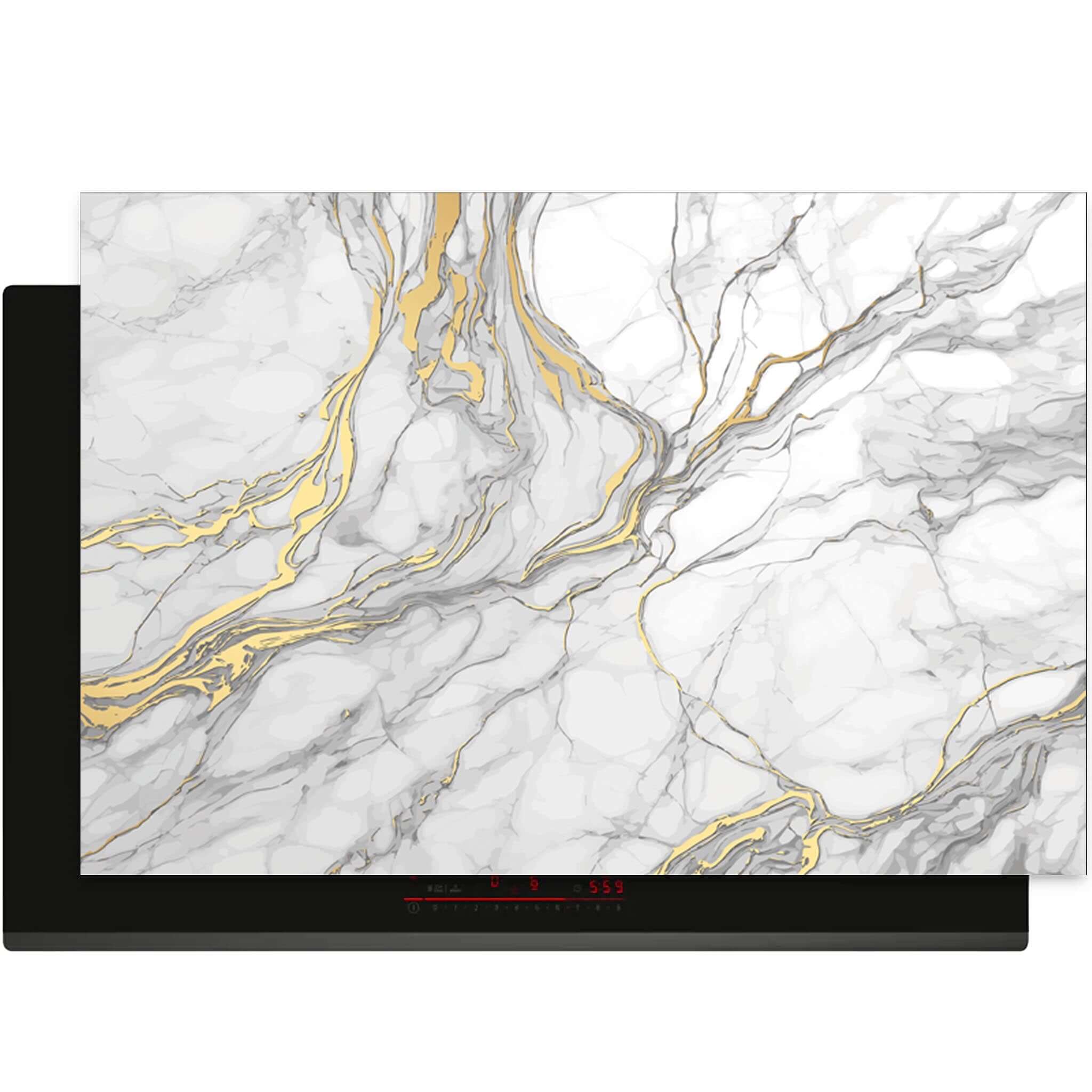 Elegant Gold Marble inductie beschermer met marmerstructuur en gouden accenten, bovenaanzicht