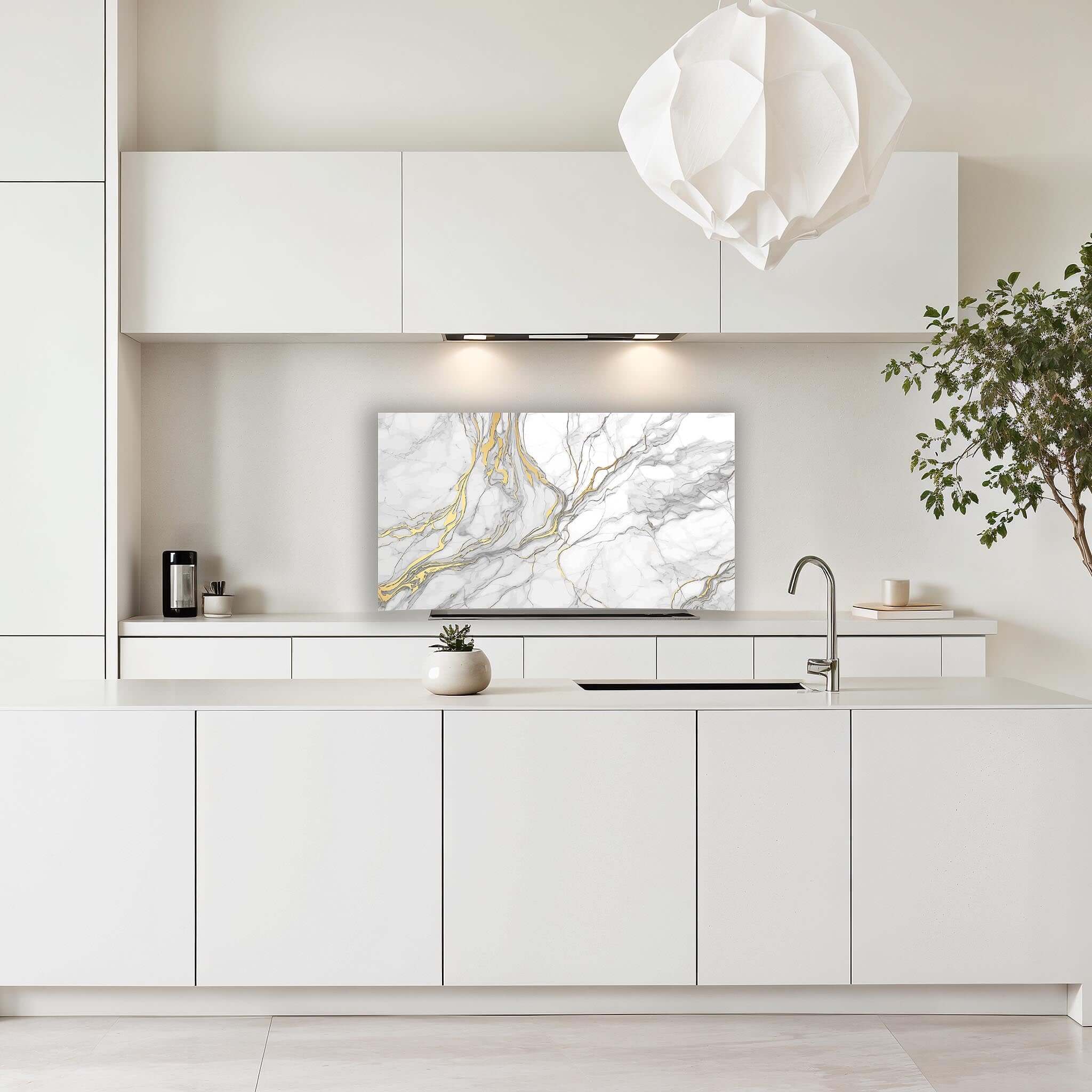 Elegant Gold Marble spatscherm gemonteerd in een witte moderne keuken