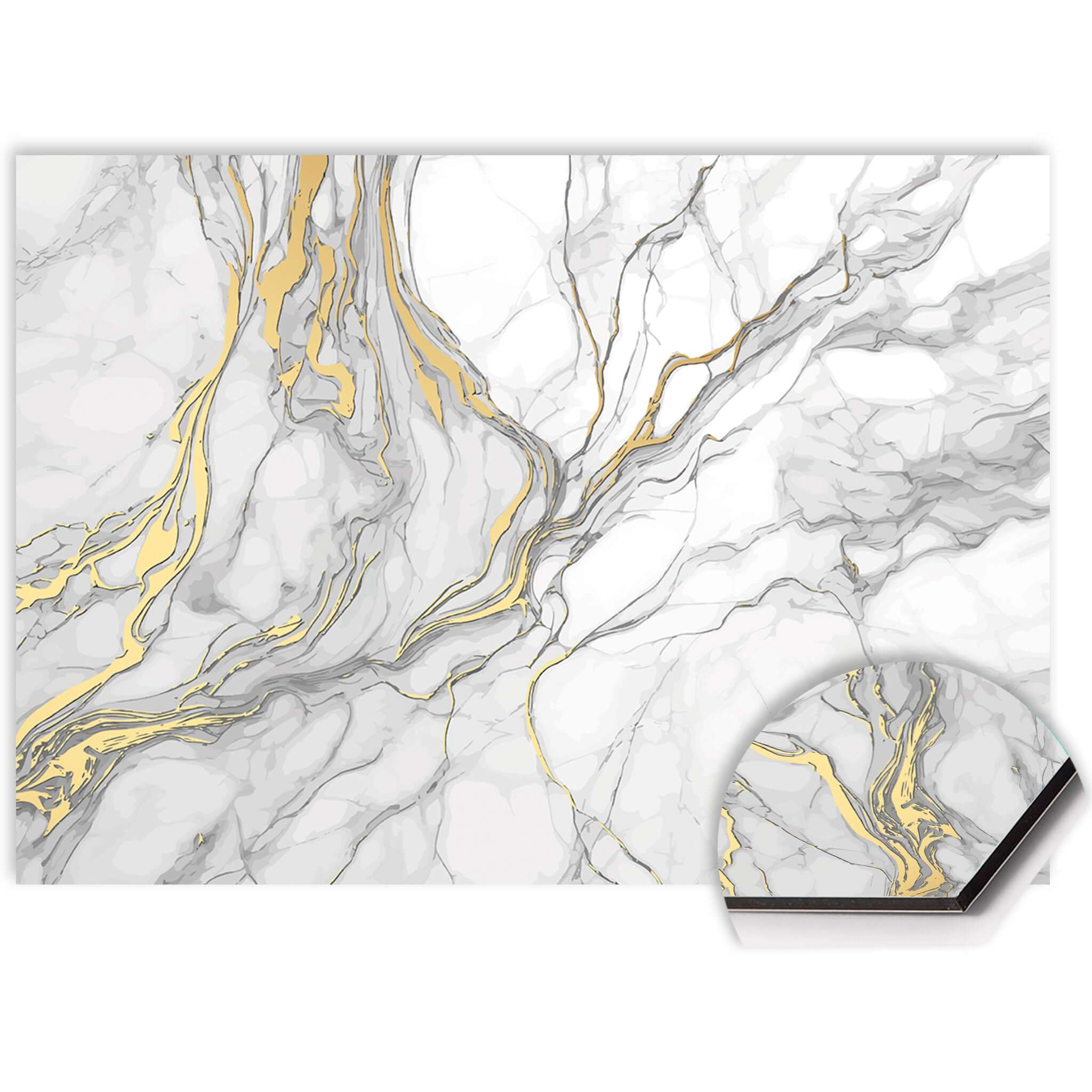 Detail van Elegant Gold Marble spatscherm met wit marmer en gouden aders