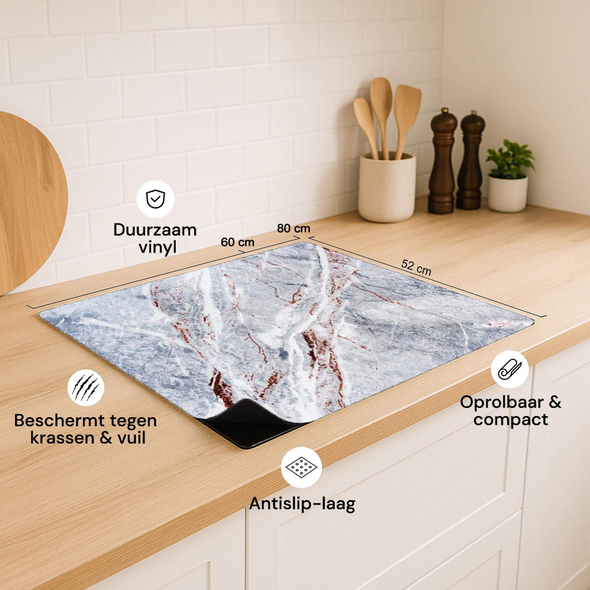 Elegant Marble inductie beschermer met afmetingen en kenmerken weergegeven