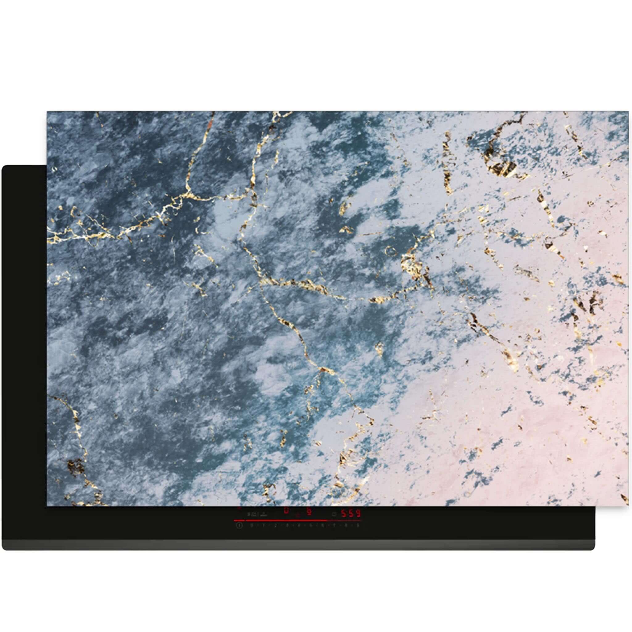 Bovenaanzicht van de Elegant Ocean Marble inductie beschermer met luxe marmerpatroon.