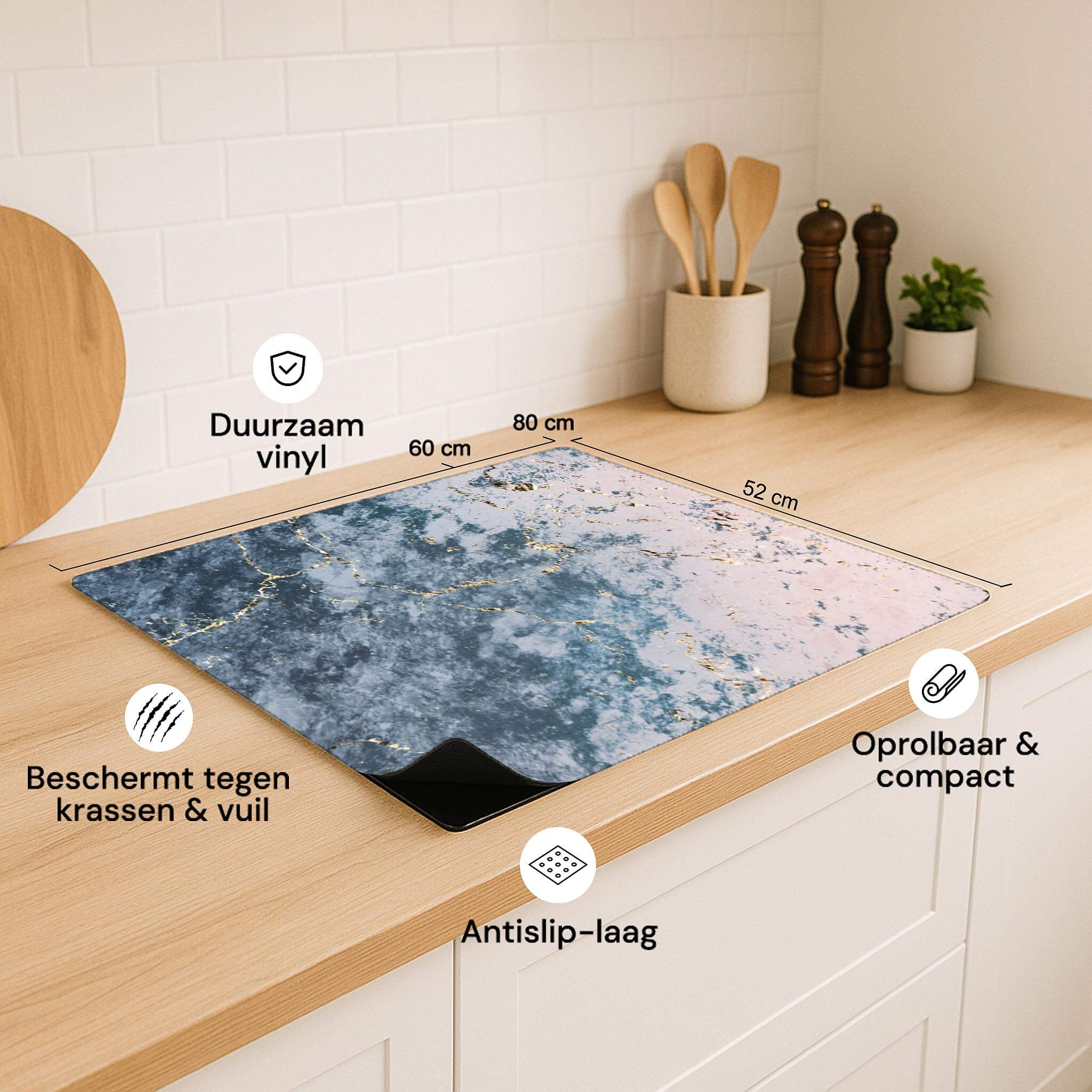 Overzicht van de Elegant Ocean Marble inductie beschermer met specificaties en voordelen.