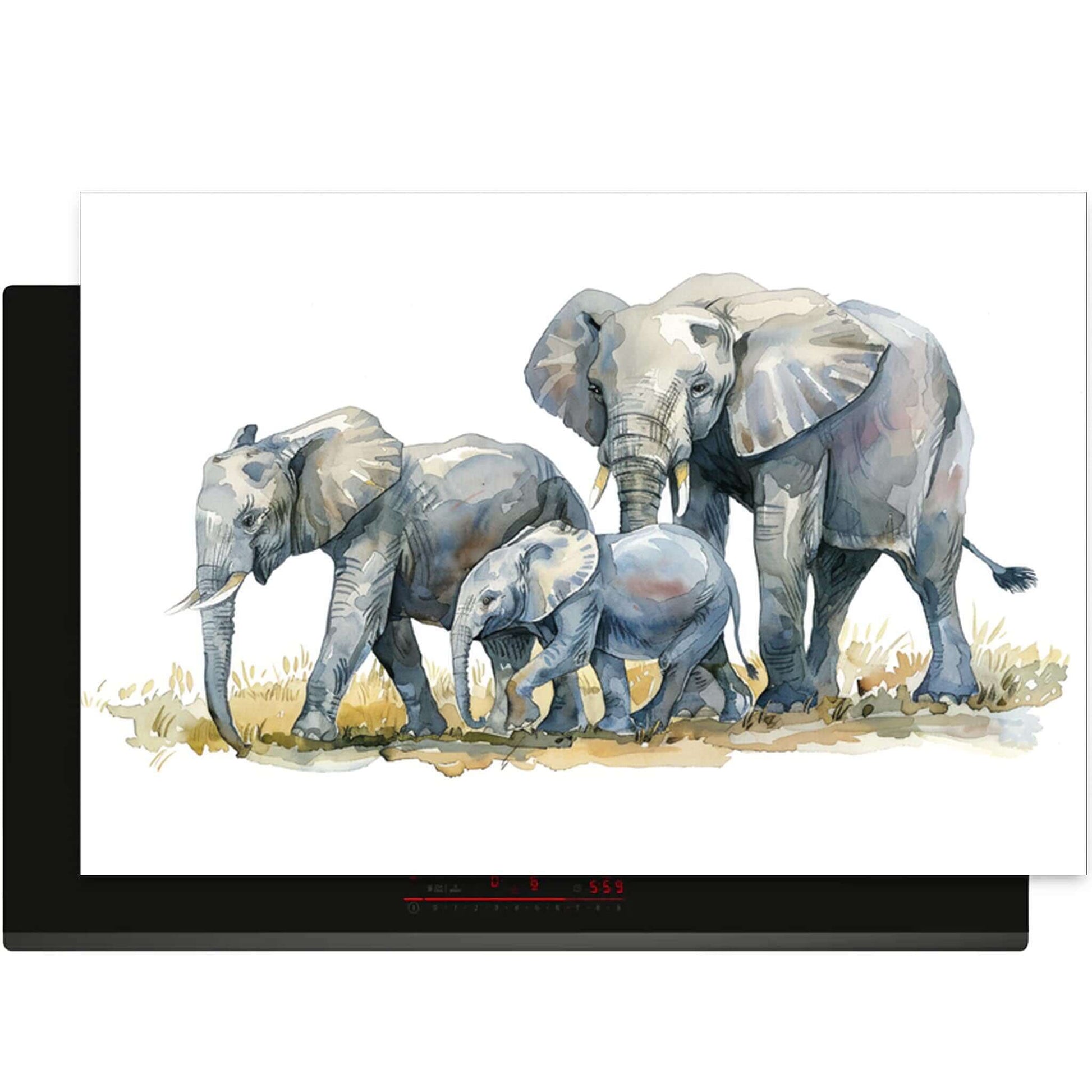 Bovenaanzicht van inductie beschermer met aquarelprint van een olifantenfamilie op wit.