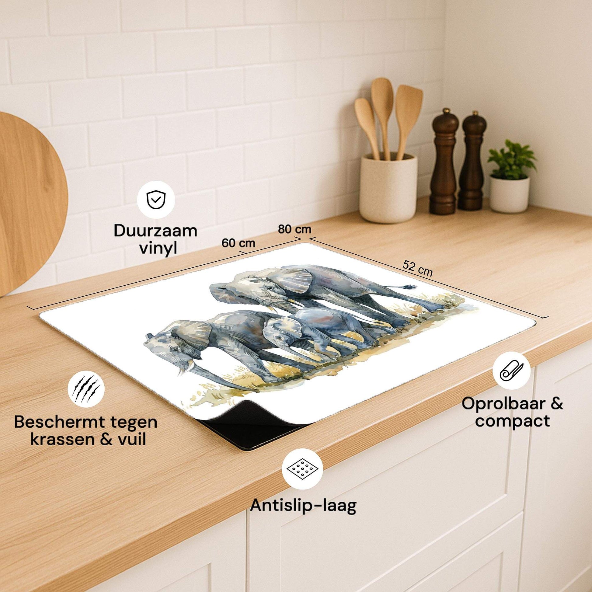 Inductiebeschermer met olifanten aquarelprint, specificaties en voordelen in beeld.