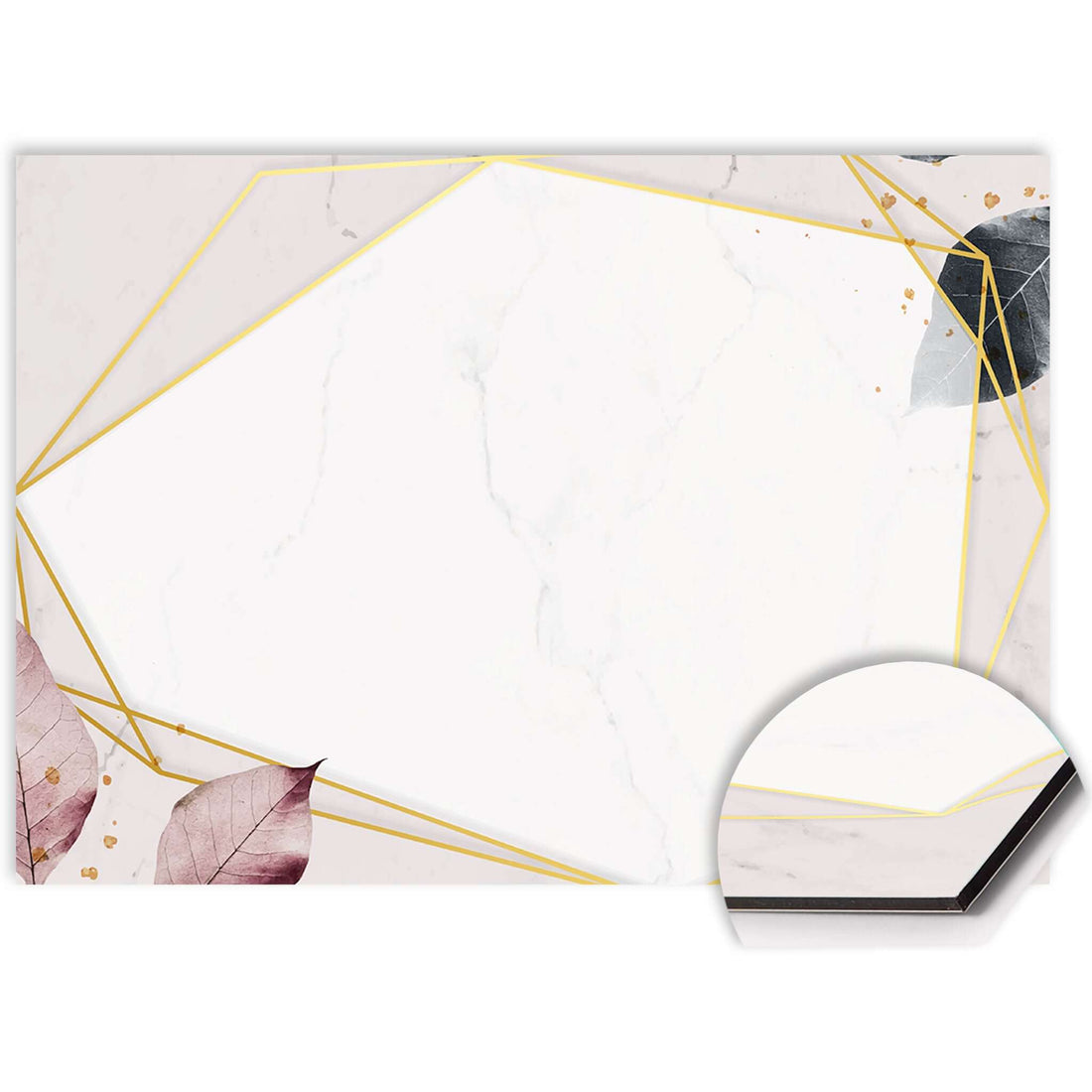 Close-up van het Geometric Elegance spatscherm met marmer en gouden geometrisch design