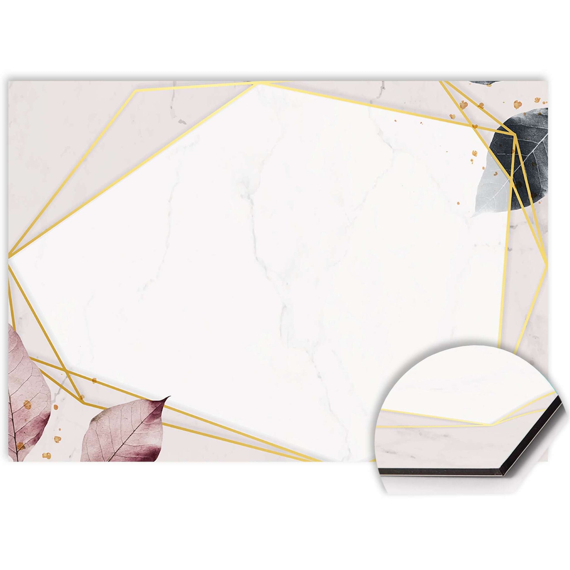 Close-up van het Geometric Elegance spatscherm met marmer en gouden geometrisch design