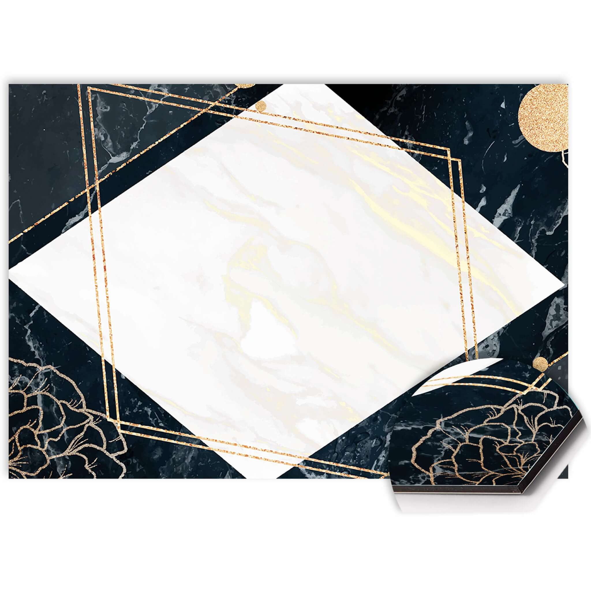 Detail van Glamour Marble spatscherm keuken met zwart marmer en gouden lijnen