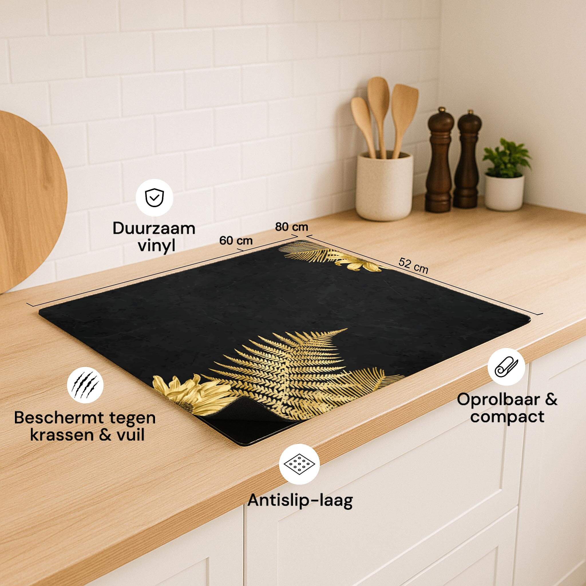 Specificatiebeeld van de Golden Fern Touch inductiebeschermer, duurzaam vinyl, anti-slip en compact op te bergen.
