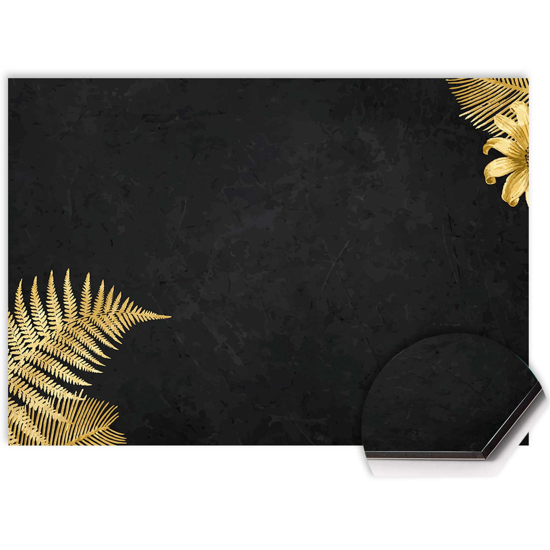 Golden Fern Touch Spatscherm met zwarte achtergrond en gouden varens, stijlvol keuken spatscherm en spatwand decor.
