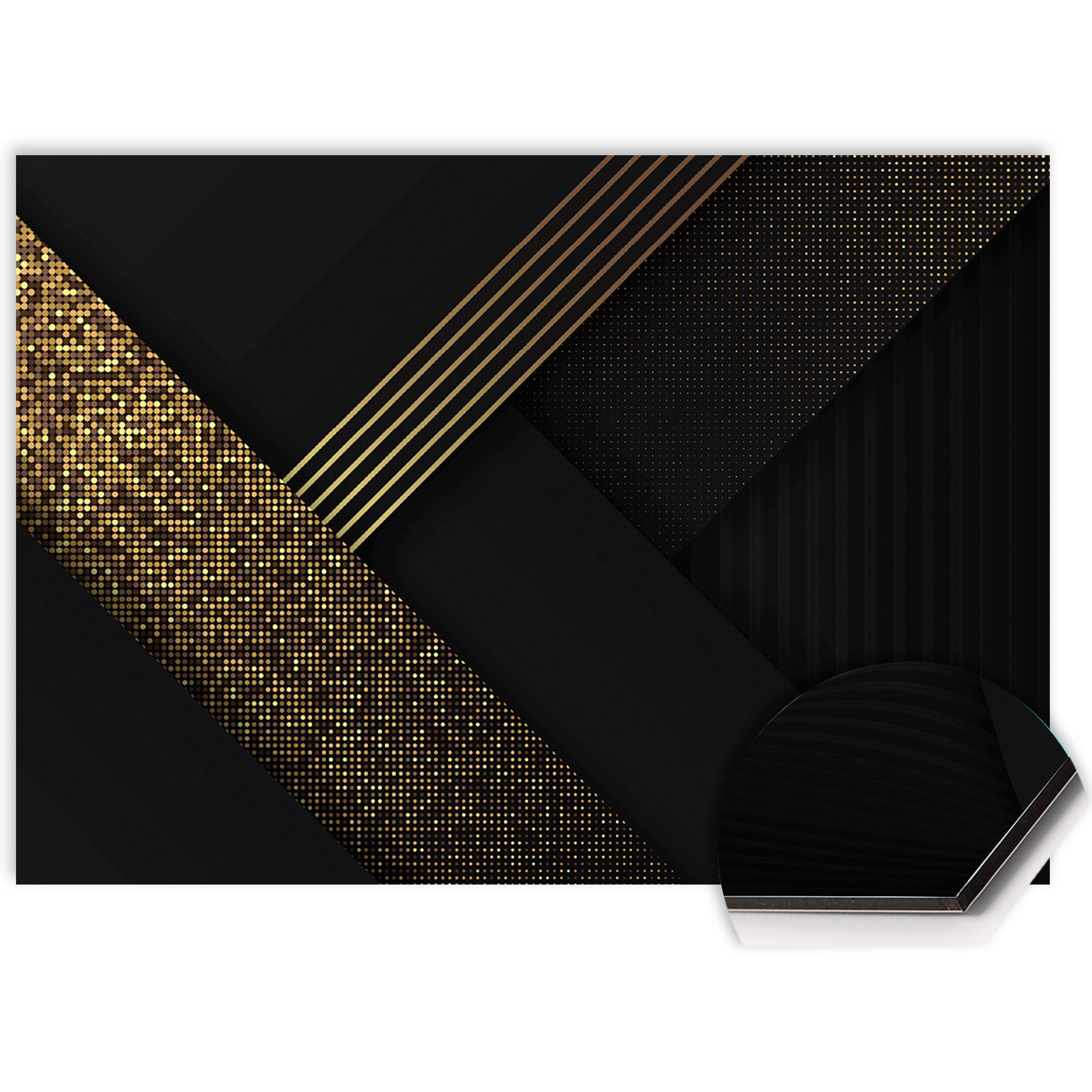 Detail van het Golden Geometry spatscherm met zwart-goud geometrisch design
