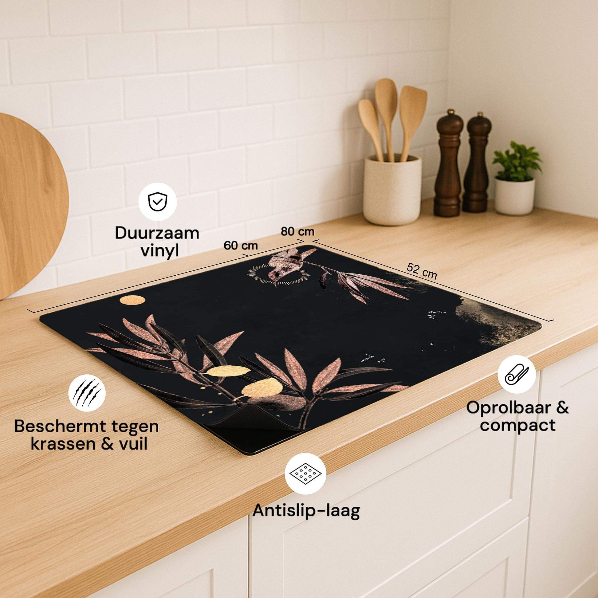 Overzicht van Golden Olive inductie beschermer met maten, duurzame vinyl, antislip en beschermende eigenschappen