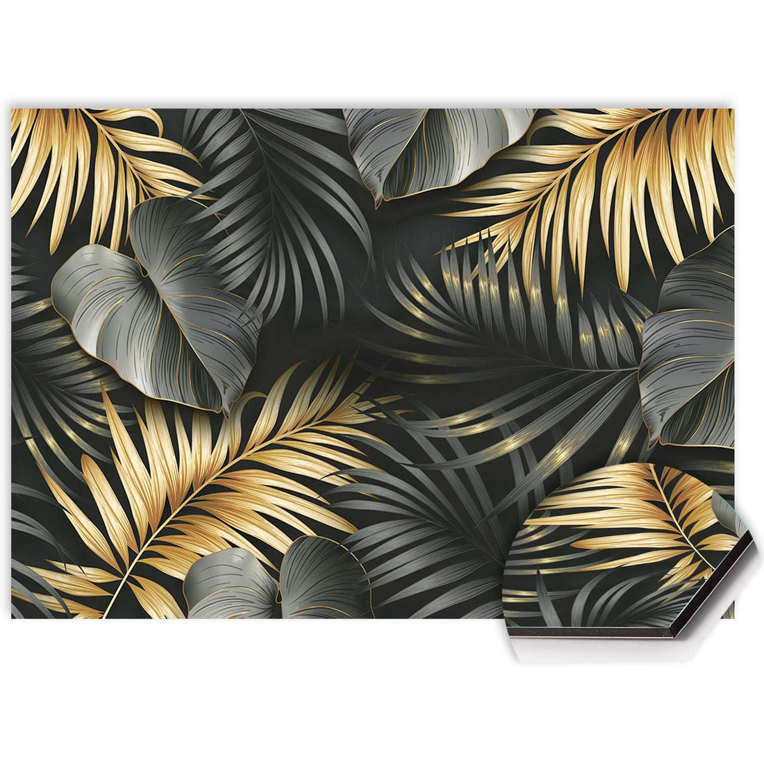 Golden Palms Spatscherm met gouden palmbladeren patroon, stijlvol keuken spatscherm en spatwand in zwart voor een luxe uitstraling.