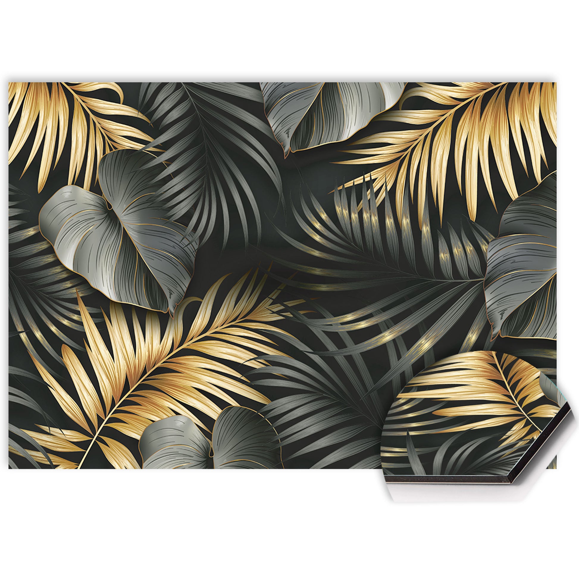 Spatscherm keuken Golden Palms met zwart en gouden palmbladeren