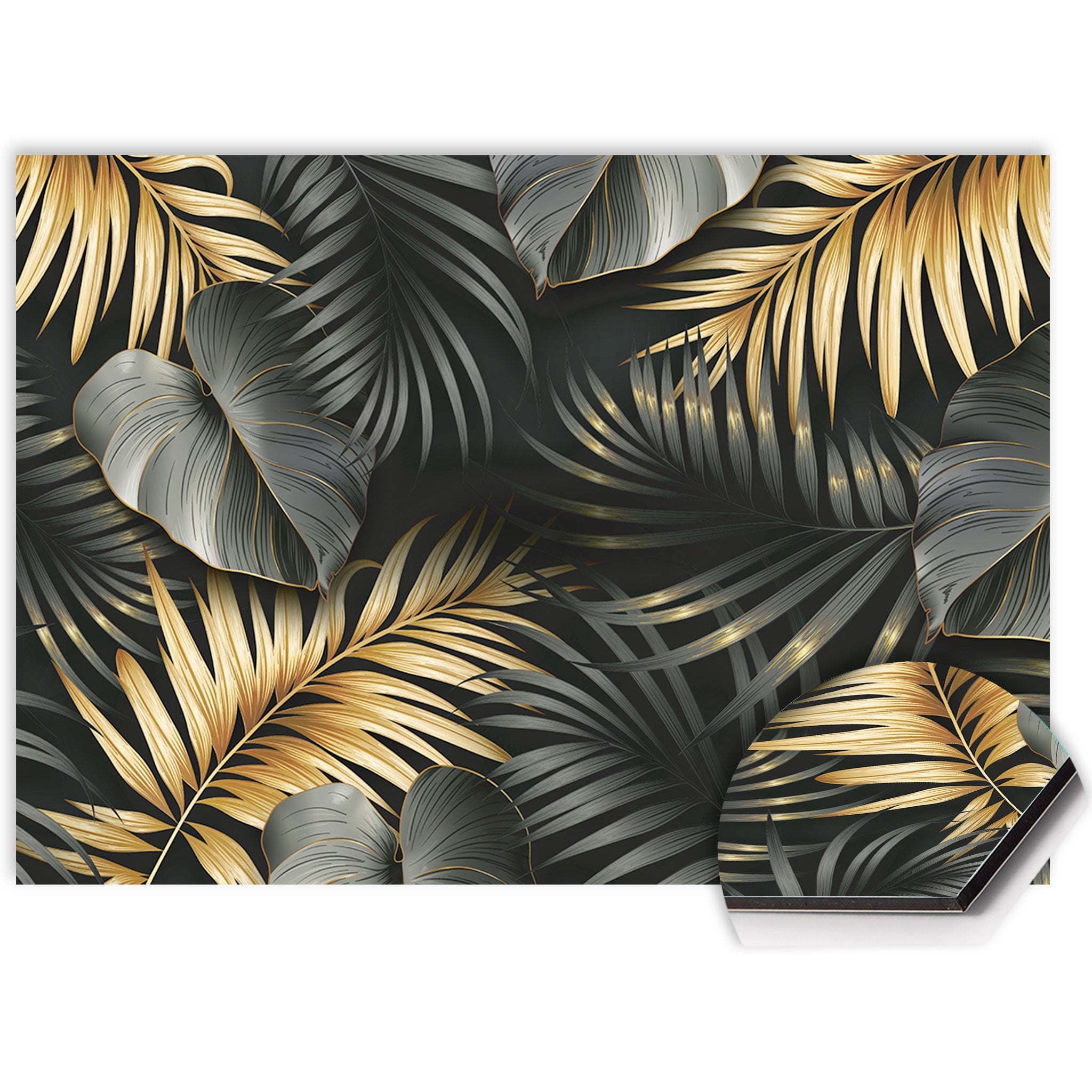 Spatscherm keuken Golden Palms met zwart en gouden palmbladeren