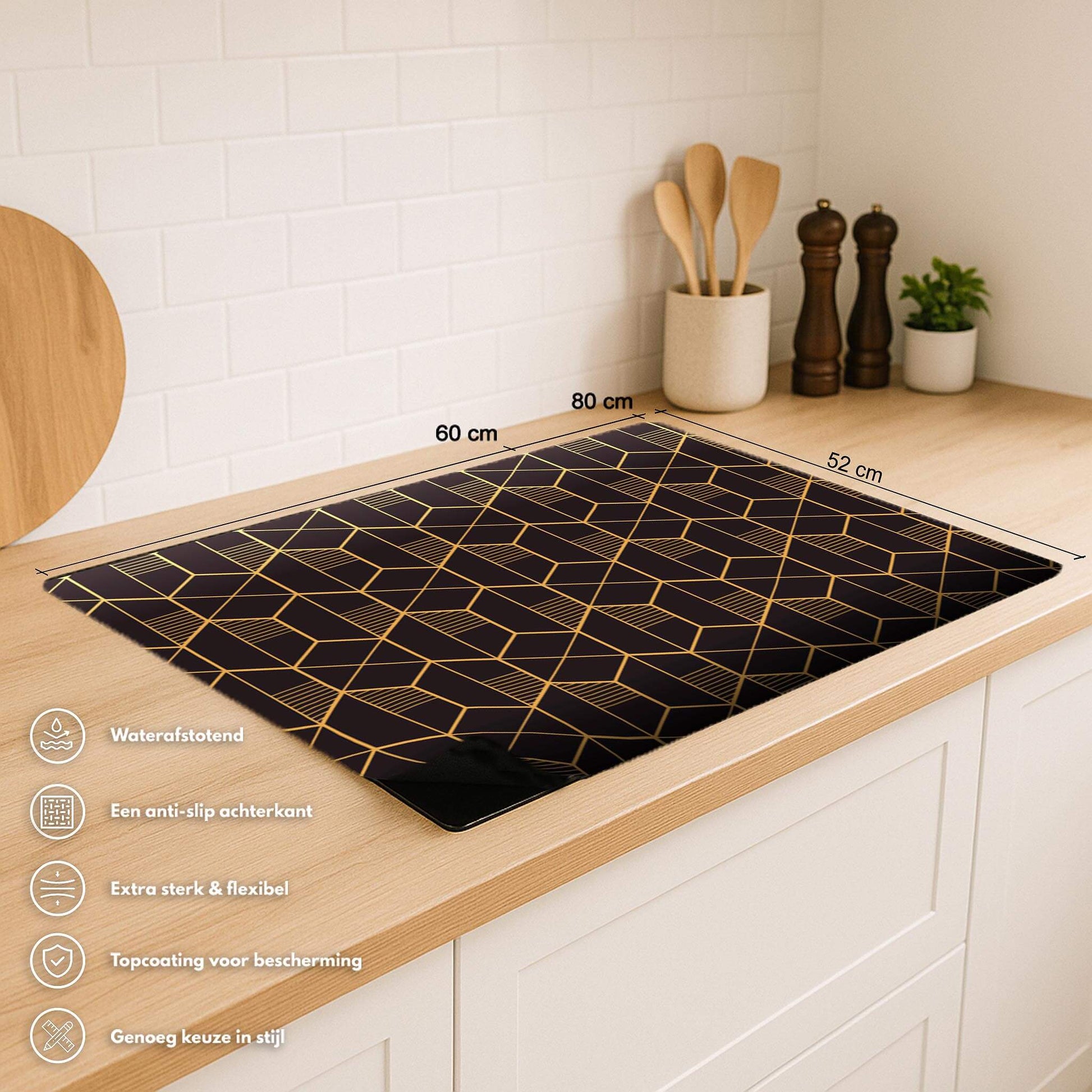 Overzicht van de Golden Prism inductie beschermer met afmetingen en productkenmerken