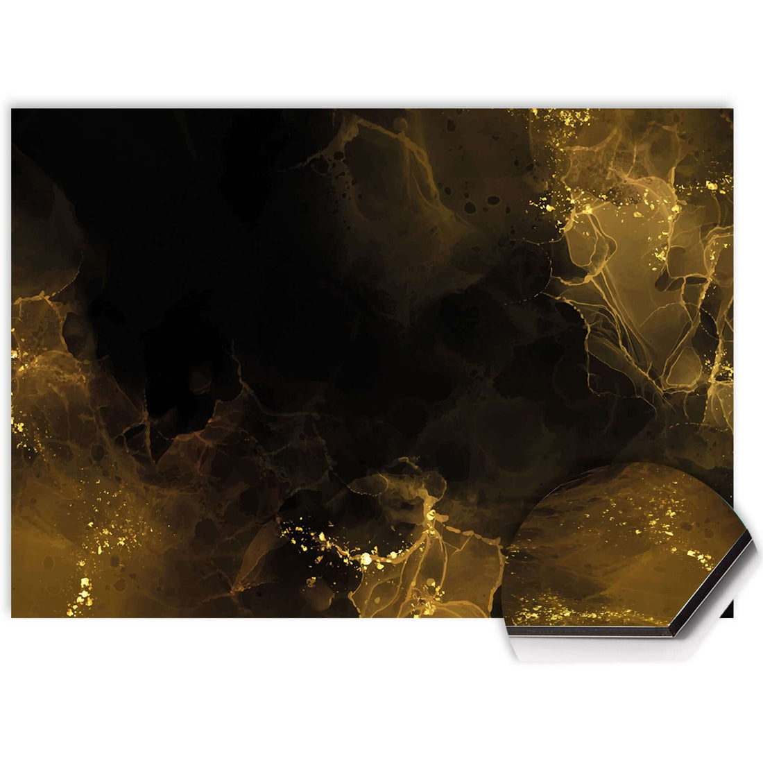 Golden Smoke Spatscherm met diep zwarte en rookachtige goudaccenten, perfect als keuken spatscherm of spatwand.