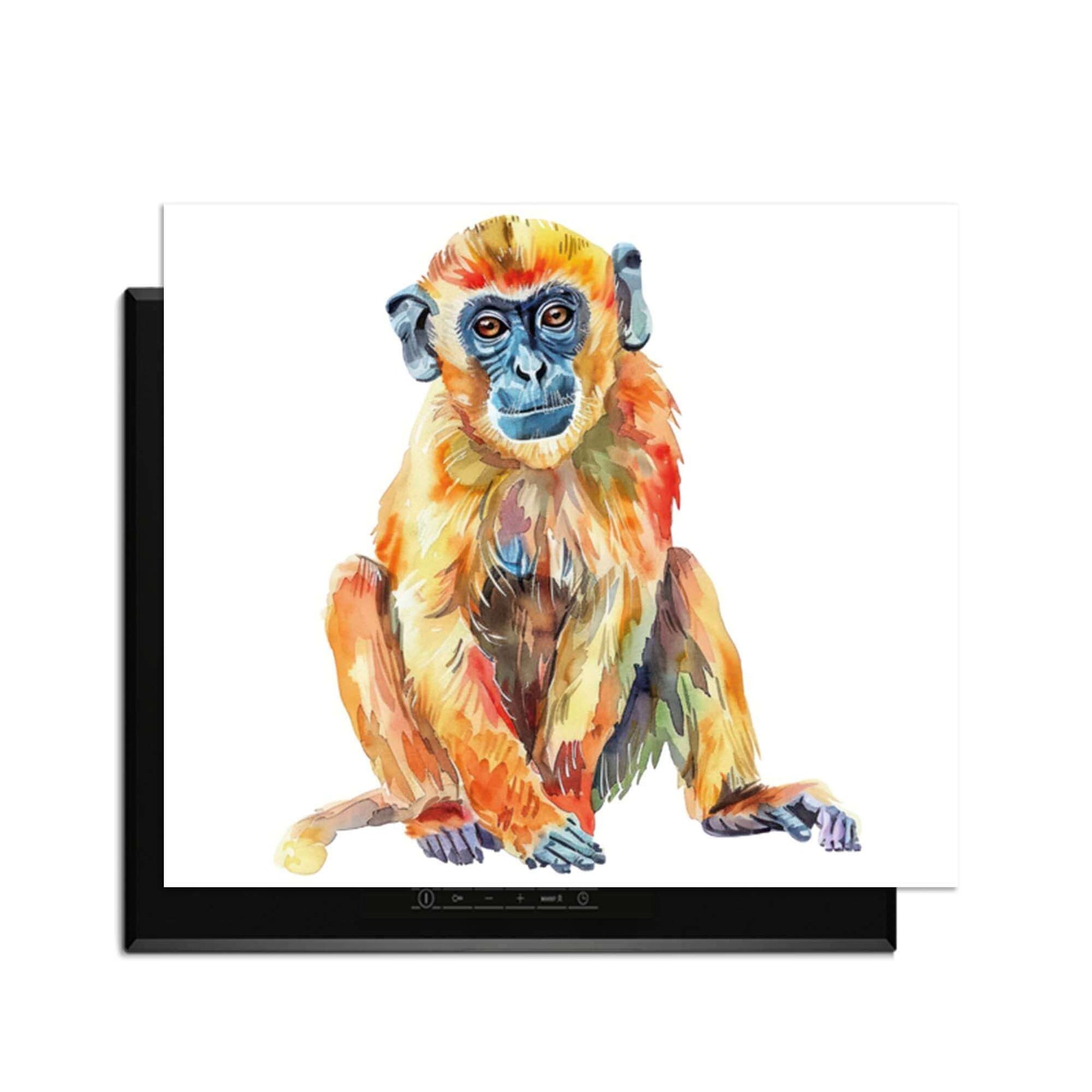 Colorful Monkey – Inductie Beschermer met kleurrijke aap illustratie voor moderne kookruimte.