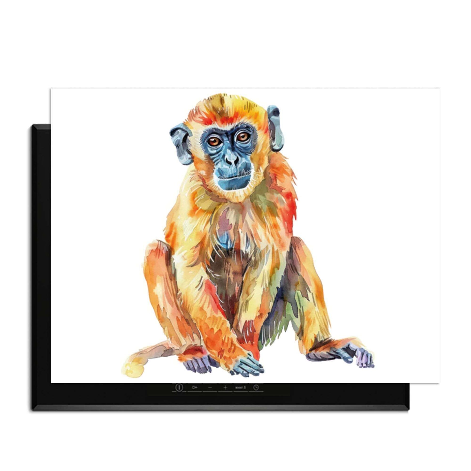 Colorful Monkey – Inductie Beschermer met een kleurrijke afbeelding van een zittende aap op een inductieplaat.