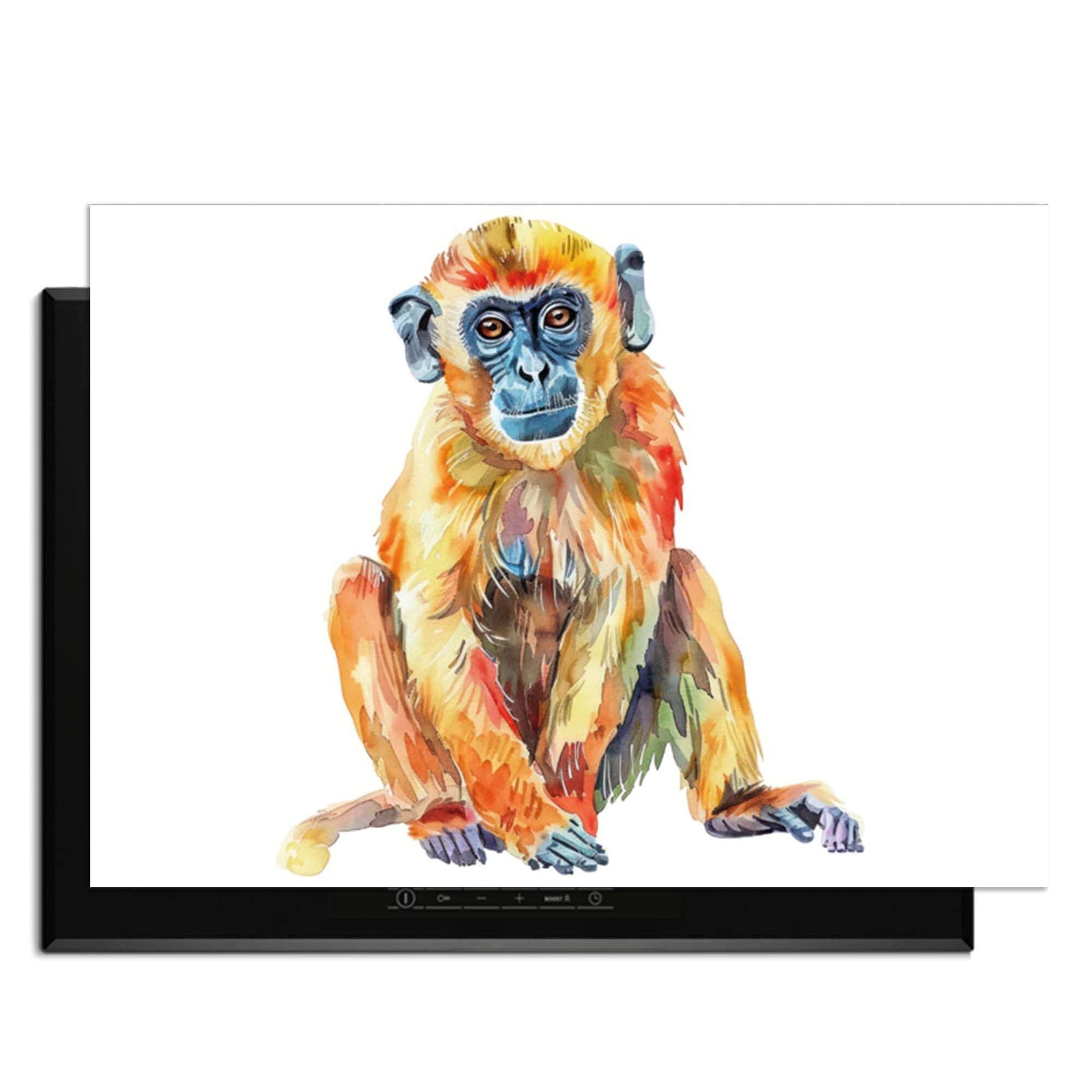Colorful Monkey – Inductie Beschermer met een kleurrijke afbeelding van een zitende aap op een inductiekookplaat.