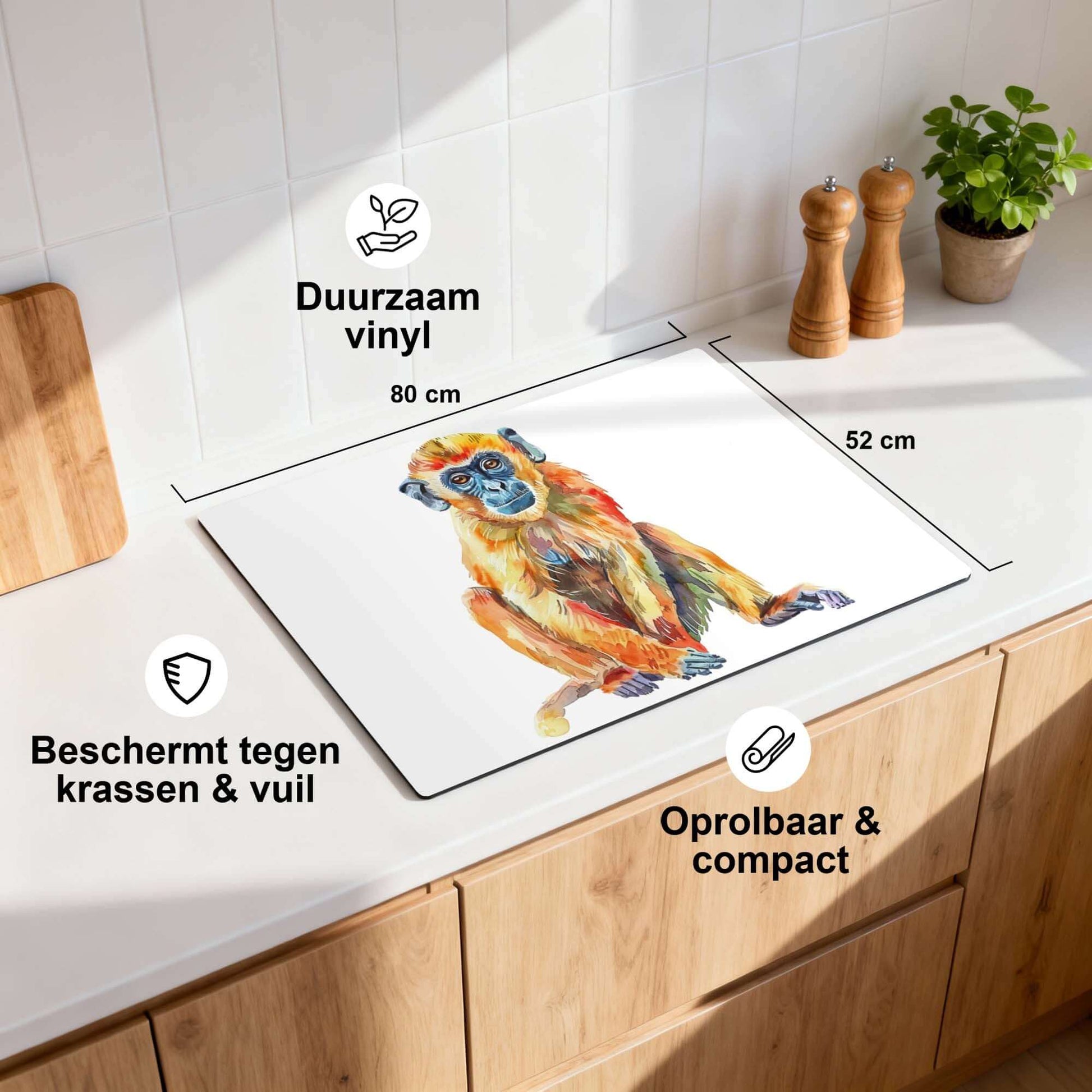 Colorful Monkey – Inductie Beschermer op een keukenblad, duurzaam vinyl, 80x52 cm, beschermt tegen krassen en vuil.