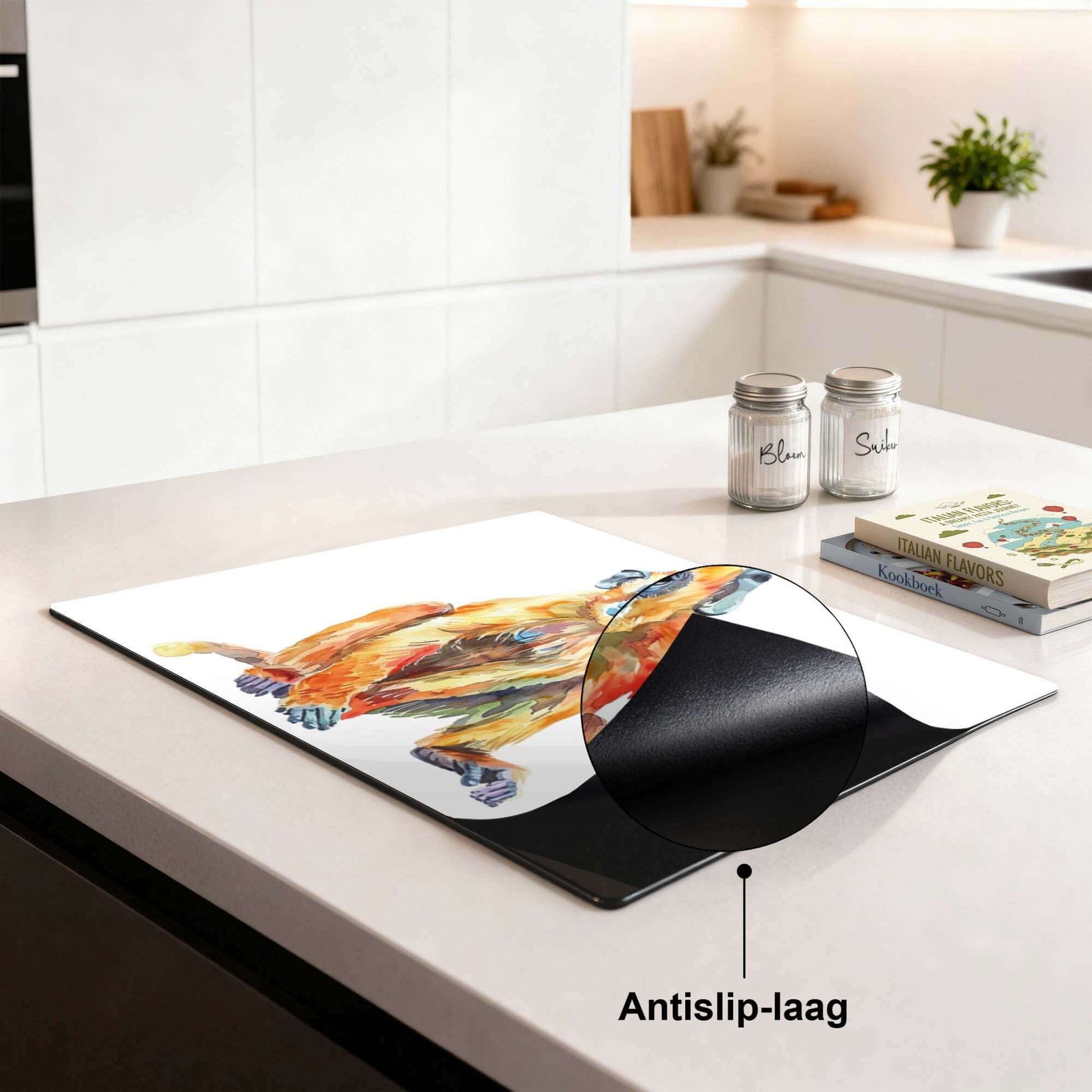 Colorful Monkey – Inductie Beschermer met antislip-laag op een moderne keuken tafel.