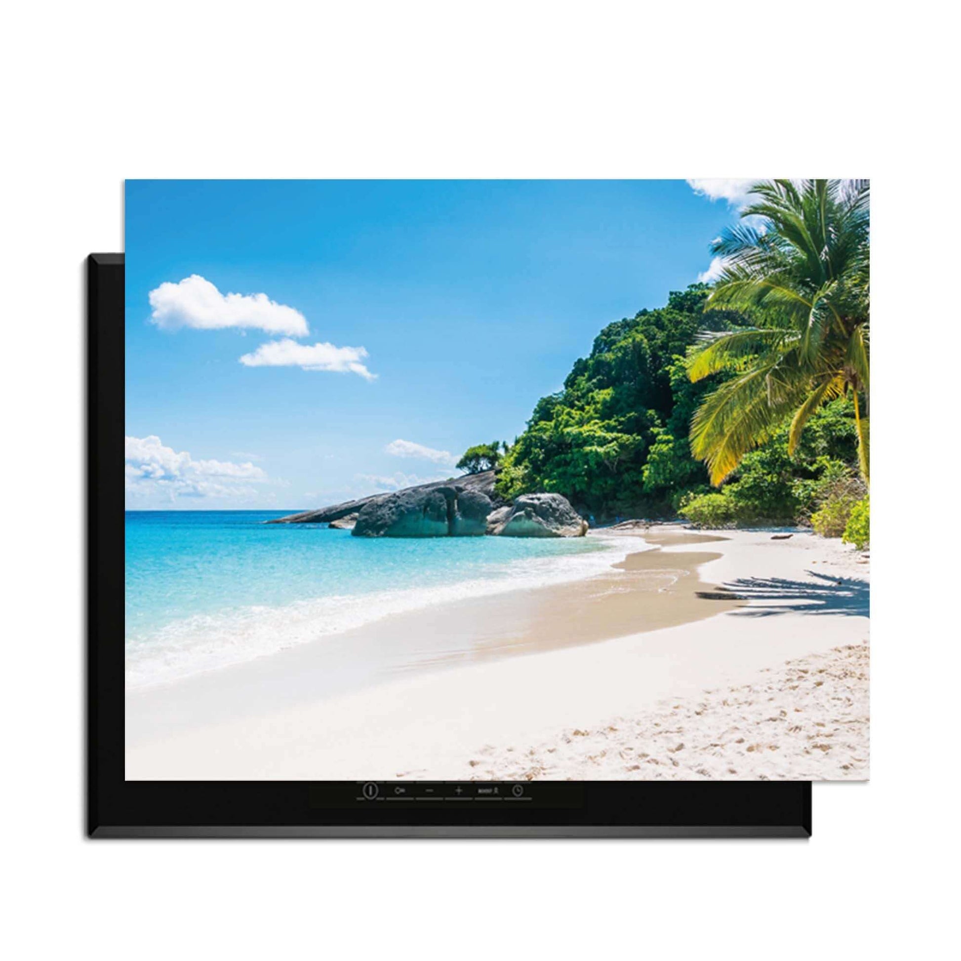 Tropical Escape – Inductie Beschermer met een serene tropische stranduitzicht en een kookplaat.