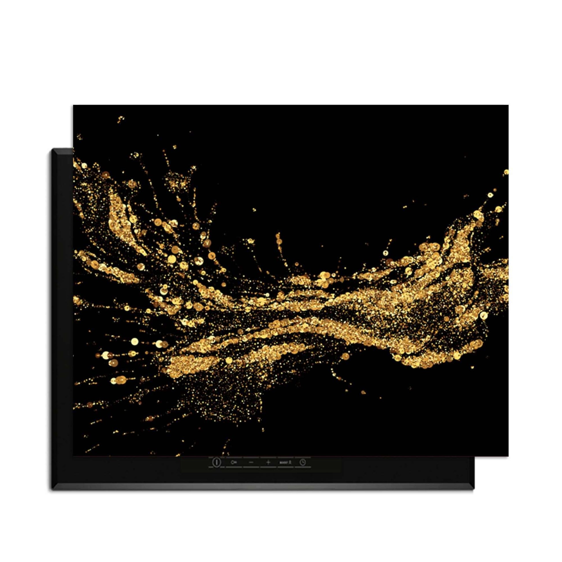 Golden Splash - Inductie Beschermer met luxe gouden spetters op een zwarte achtergrond.