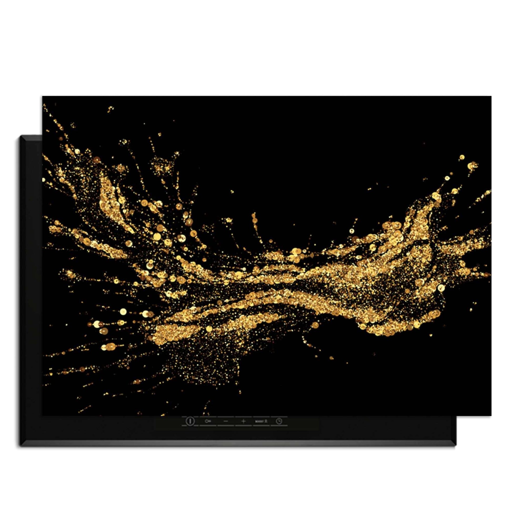 Golden Splash - Inductie Beschermer met luxe gouden spetters op zwarte achtergrond voor stijlvolle bescherming.