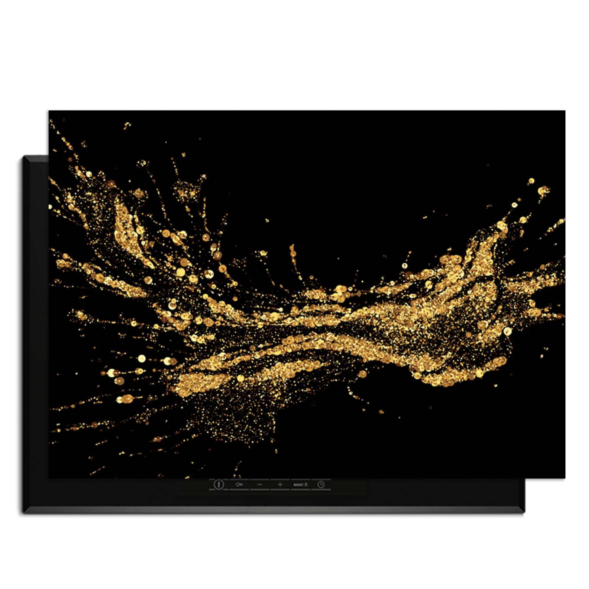 Golden Splash - Inductie Beschermer met luxe gouden spetters op zwarte achtergrond voor stijlvolle bescherming.