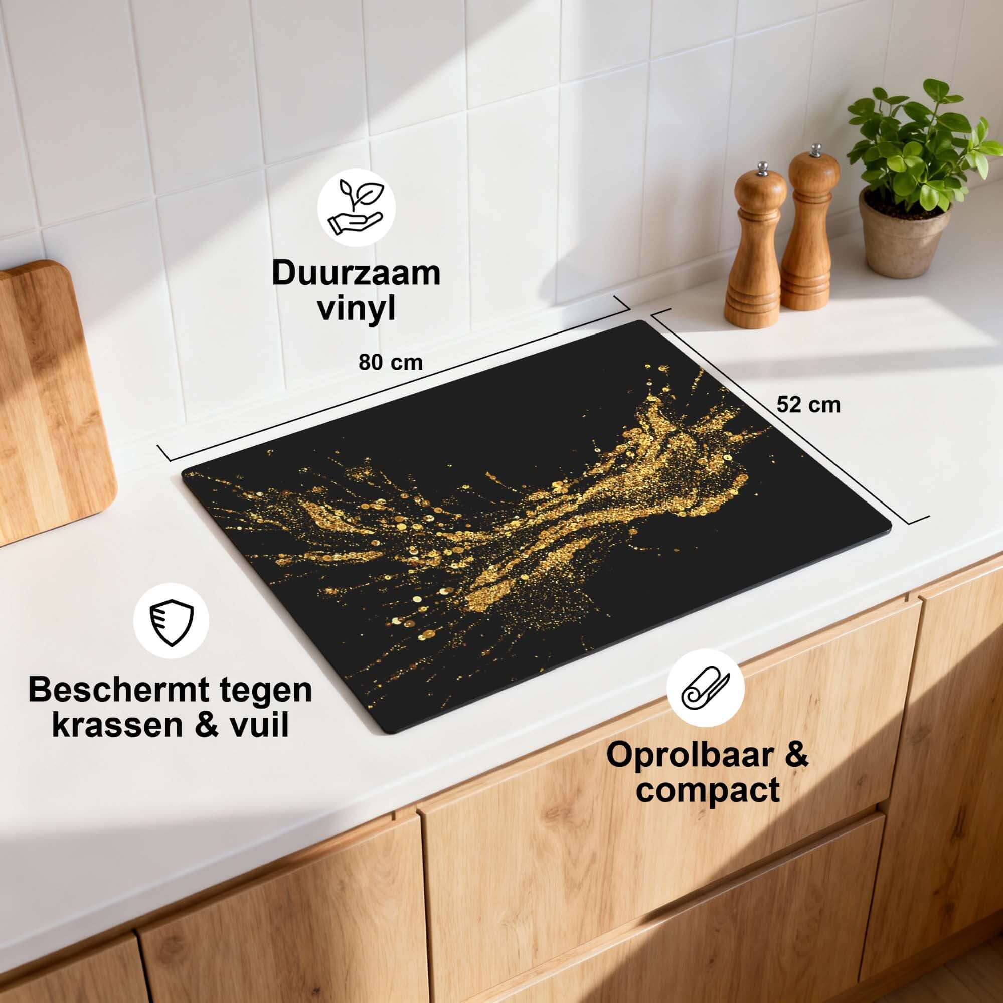 Golden Splash - Inductie Beschermer met duurzaam vinyl, 80x52 cm, beschermt tegen krassen en vuil.