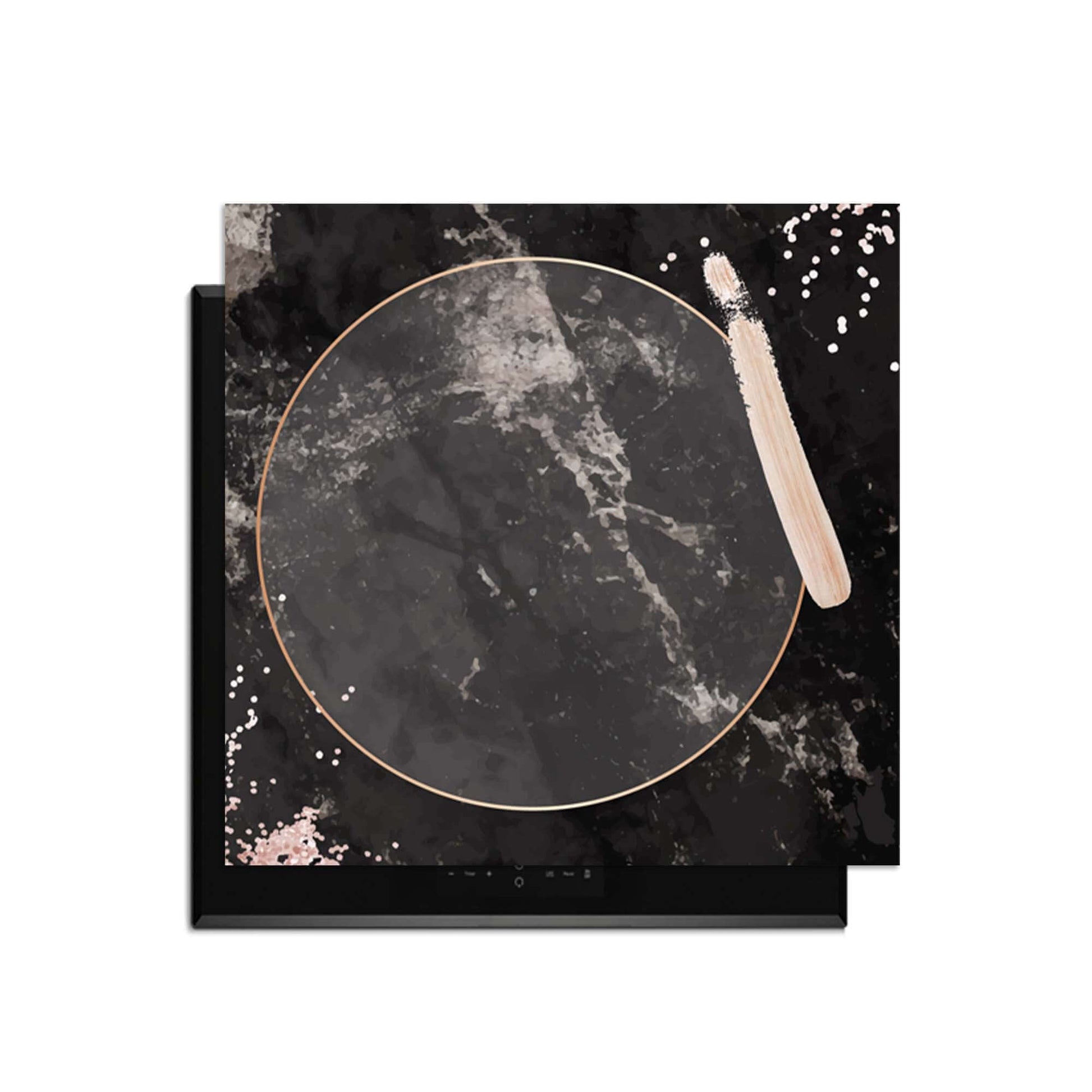 Midnight Rose - Inductie Beschermer met een luxe design van zwart marmer en roségouden details.