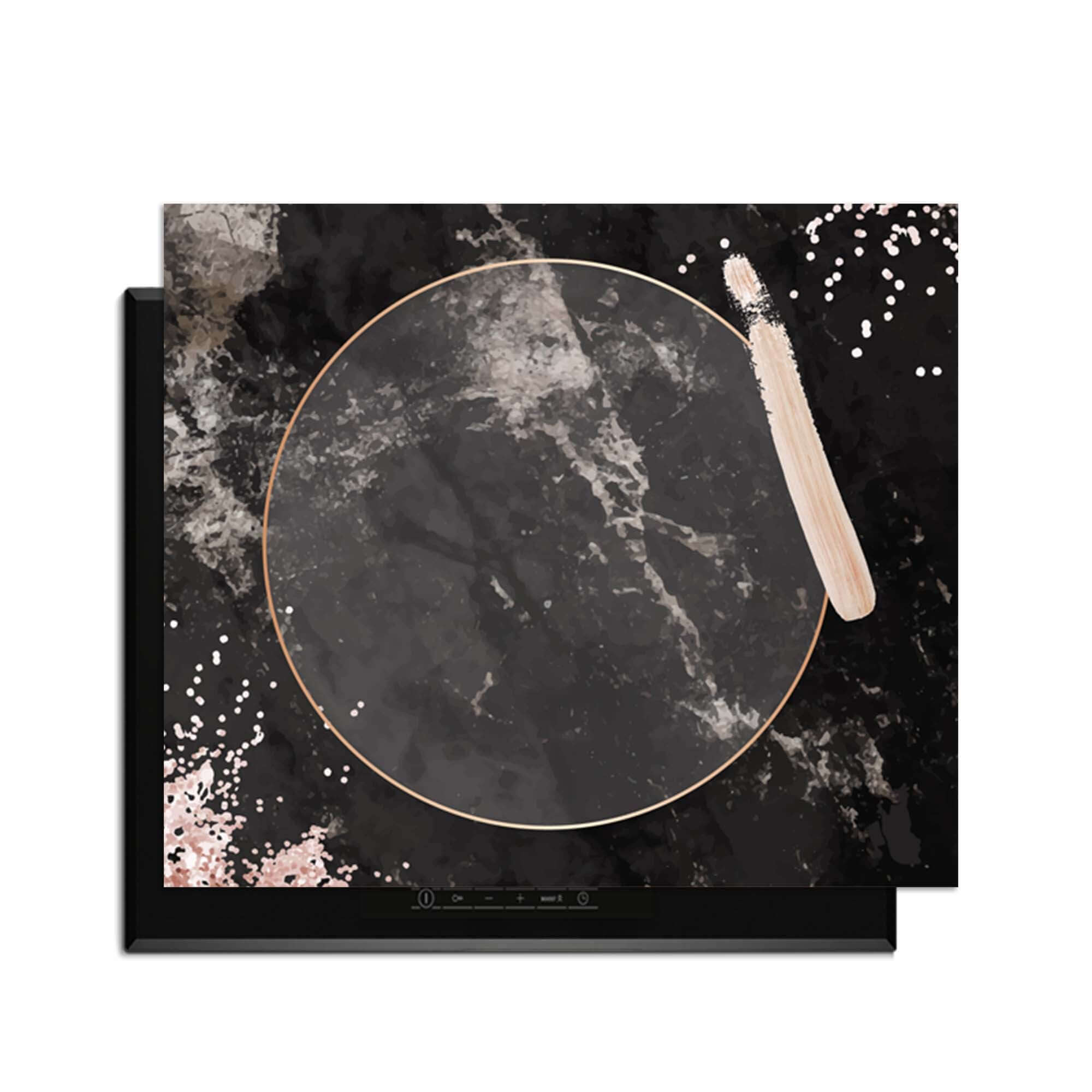 Midnight Rose - Inductie Beschermer met diep zwart marmer en roségouden details voor luxe in de keuken.