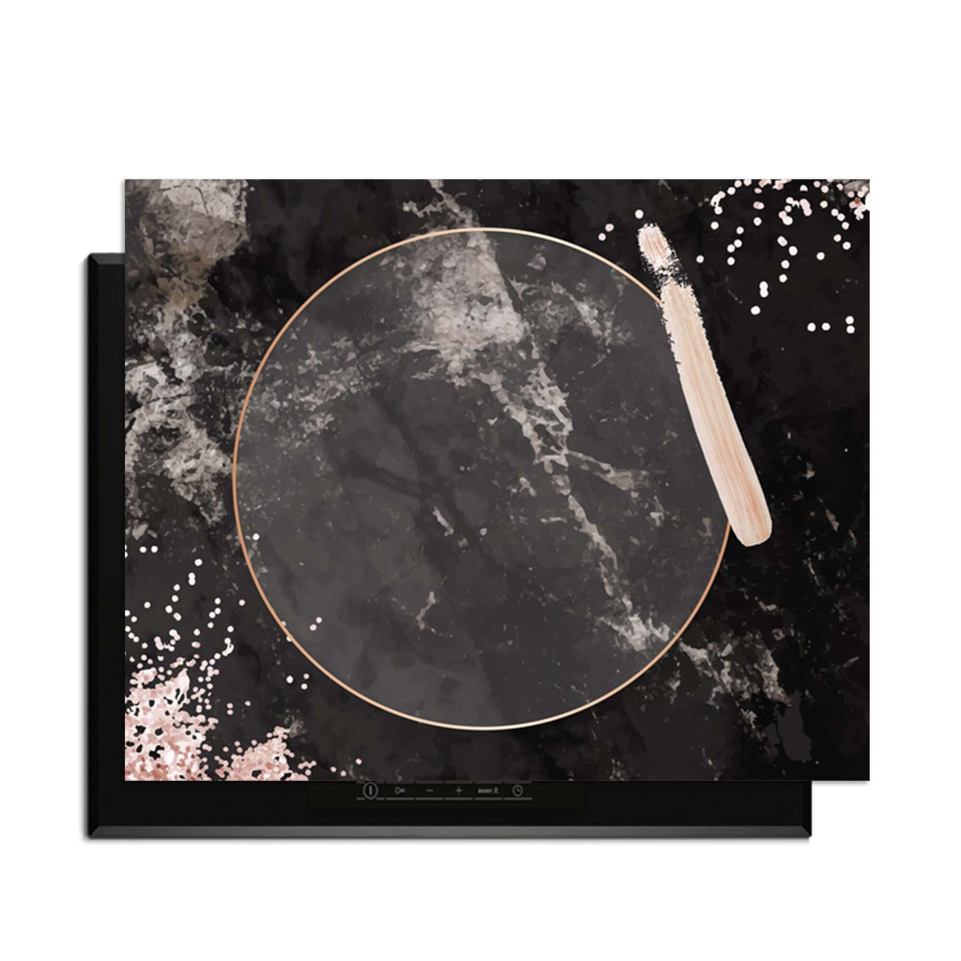 Midnight Rose - Inductie Beschermer met zwart marmer en roségouden details voor een luxe keuken.