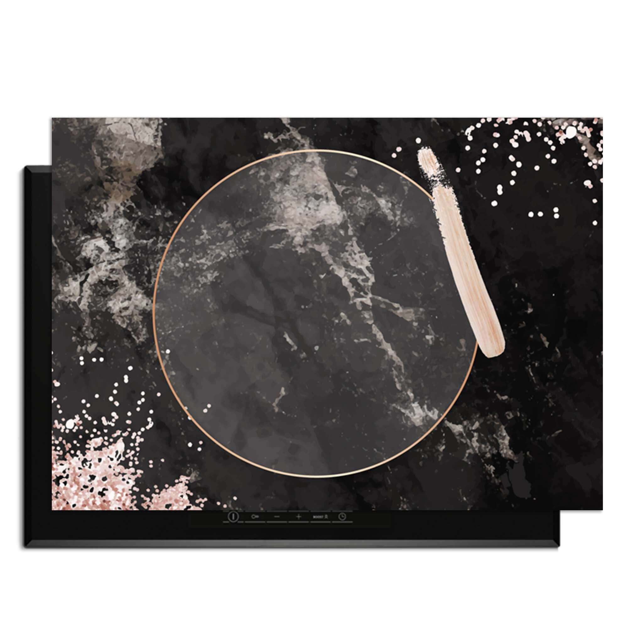 Midnight Rose - Inductie Beschermer met zwart marmer en roségouden details voor een luxe keuken.