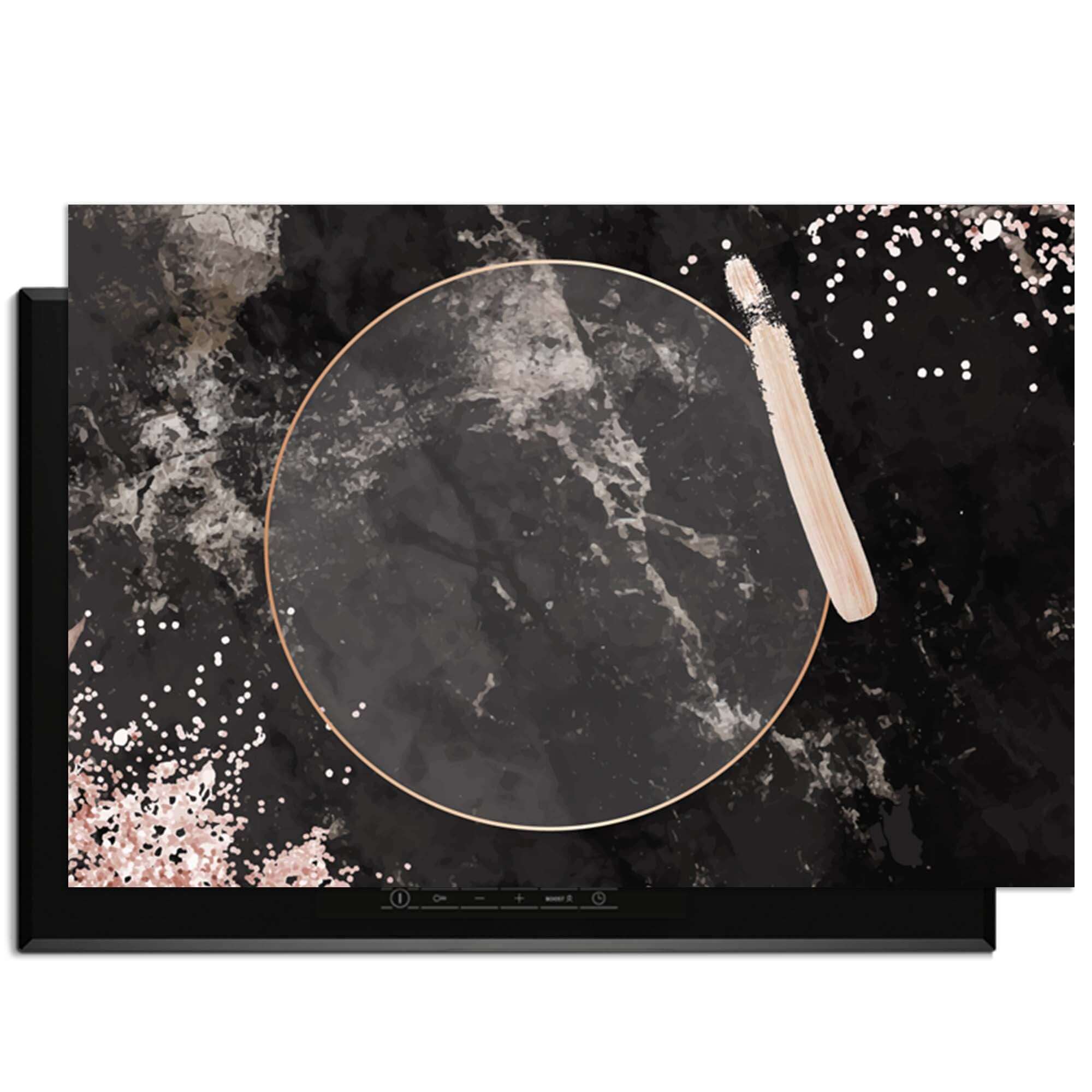 Midnight Rose - Inductie Beschermer met zwart marmer en roségouden details voor een luxe keukenlook.