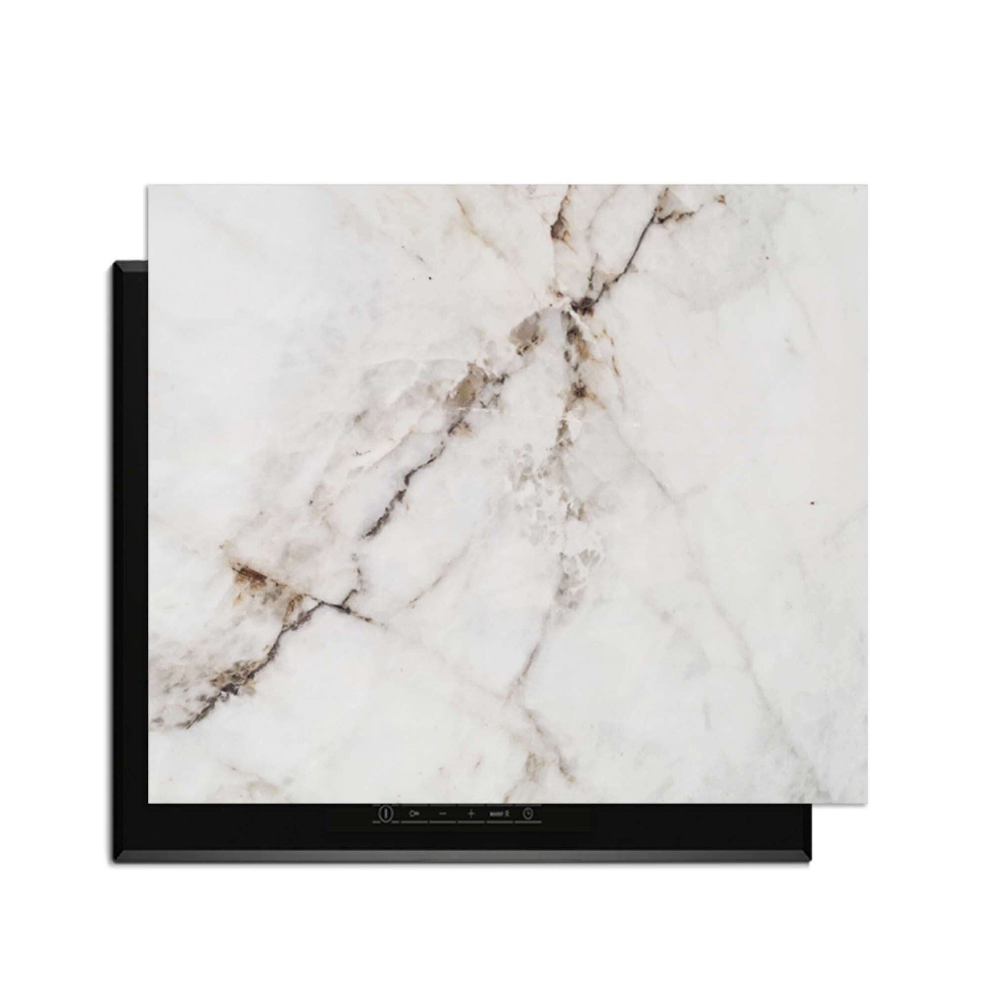 Pure Marble – Inductie Beschermer op een inductiekookplaat, elegant marmerdesign voor bescherming en luxe uitstraling.