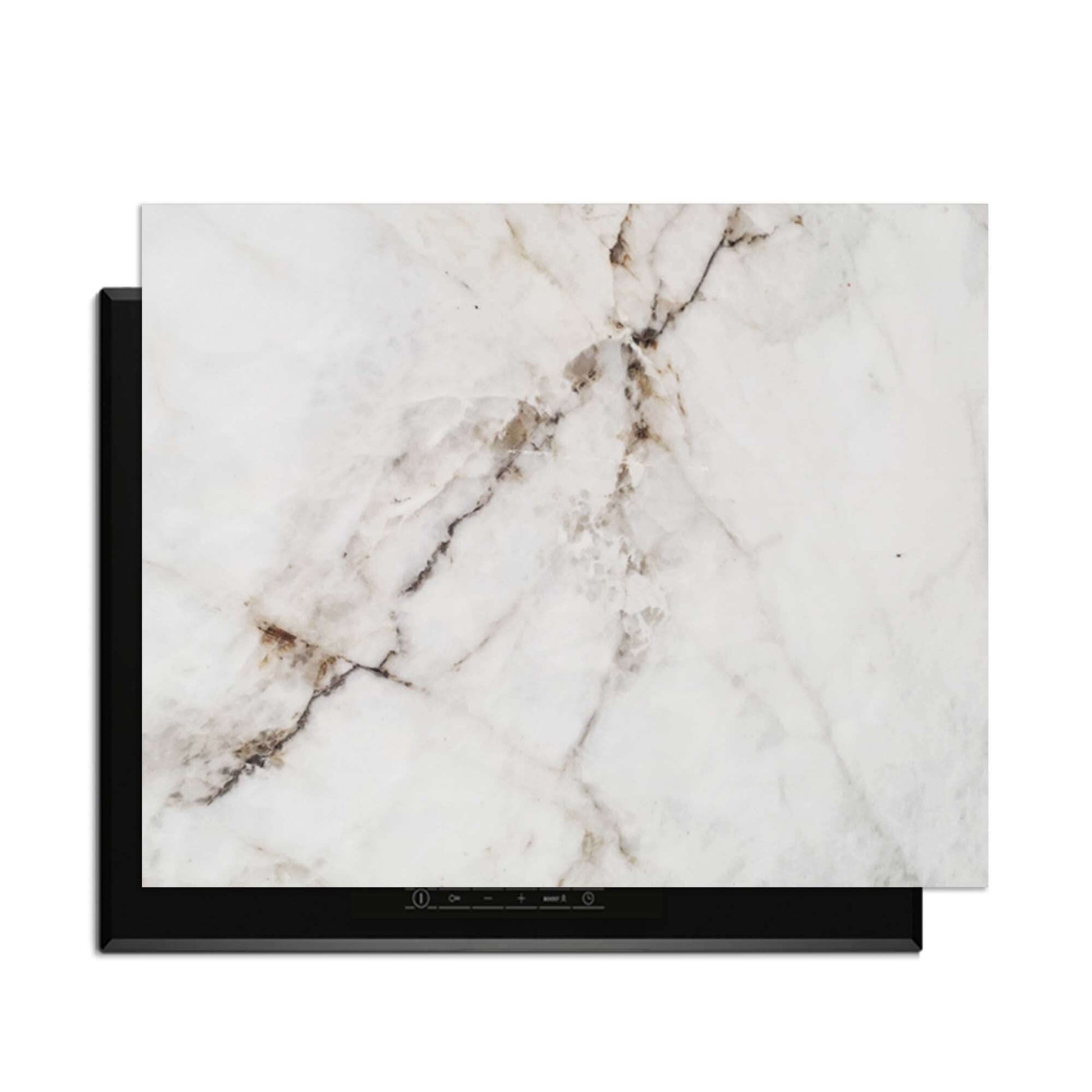 Pure Marble – Inductie Beschermer bovenop een inductiekookplaat met elegant marmerdesign.