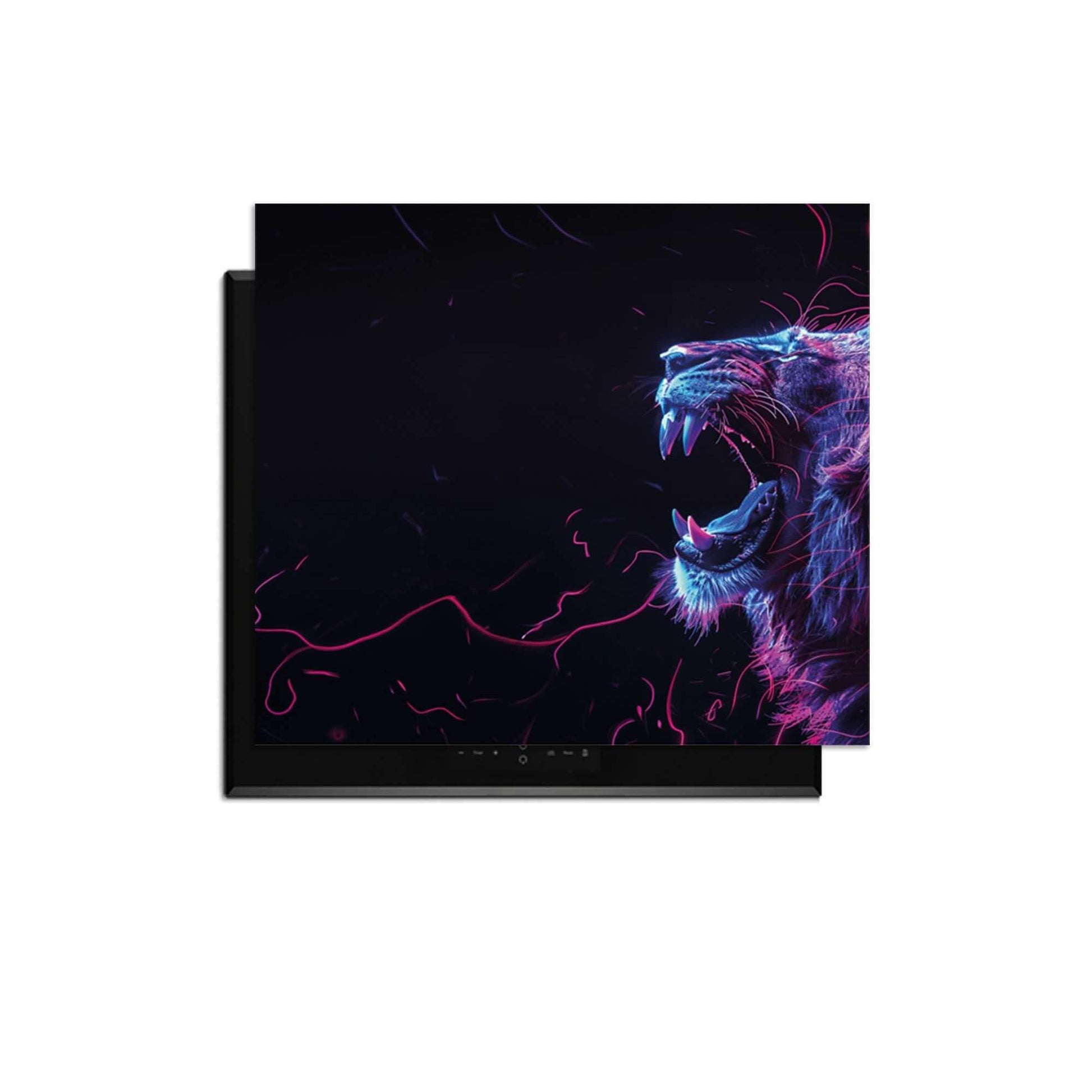 Neon Roar - Induktionsschutz mit buntem Löwen, der in der modernen Küche Energie ausstrahlt.