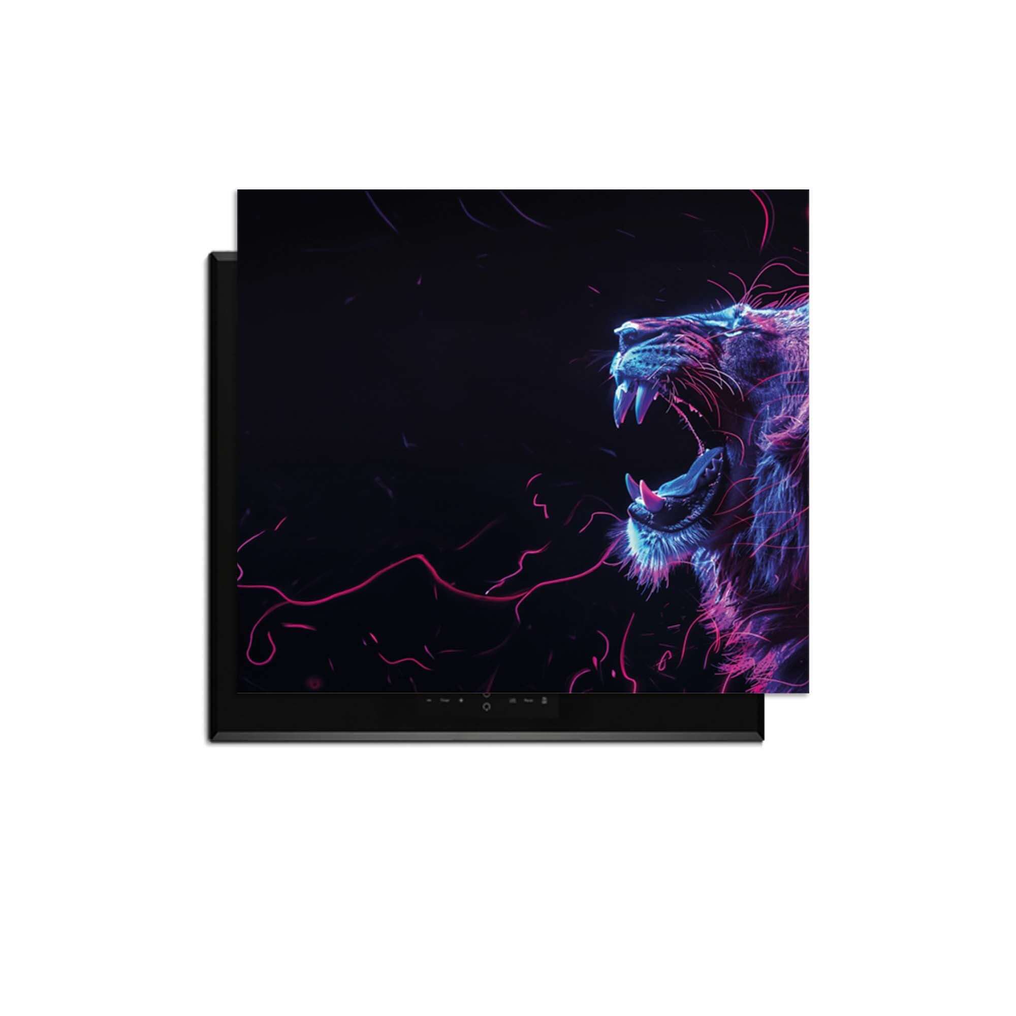 Neon Roar - Induktionsschutz mit buntem Löwen, der in der modernen Küche Energie ausstrahlt.