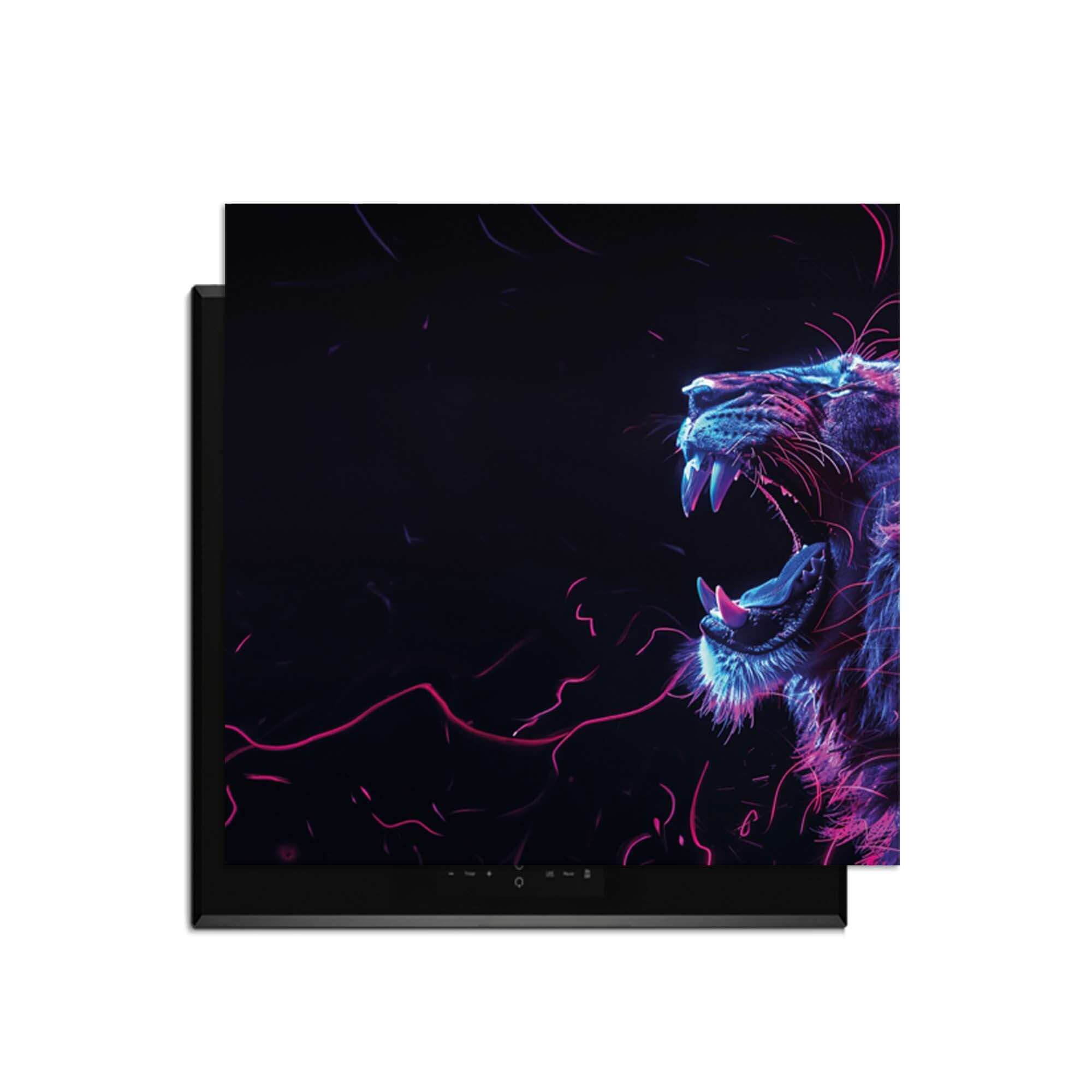 Neon Roar - Induktionsschutz mit buntem Löwendesign für moderne Küchen.