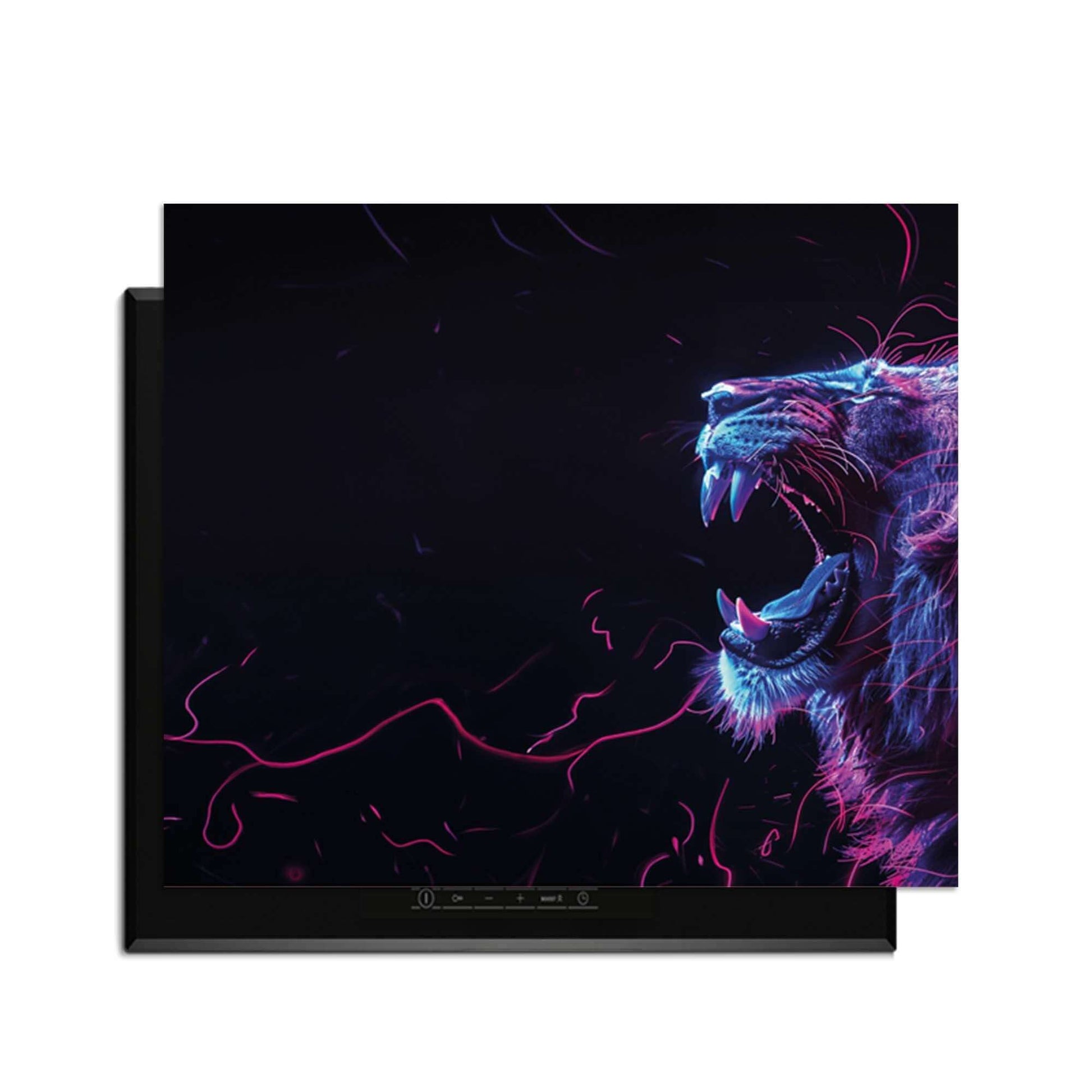 Neon Roar - Induktionsschutz mit leuchtenden Farben und kräftigem Löwengesicht für moderne Küchen.