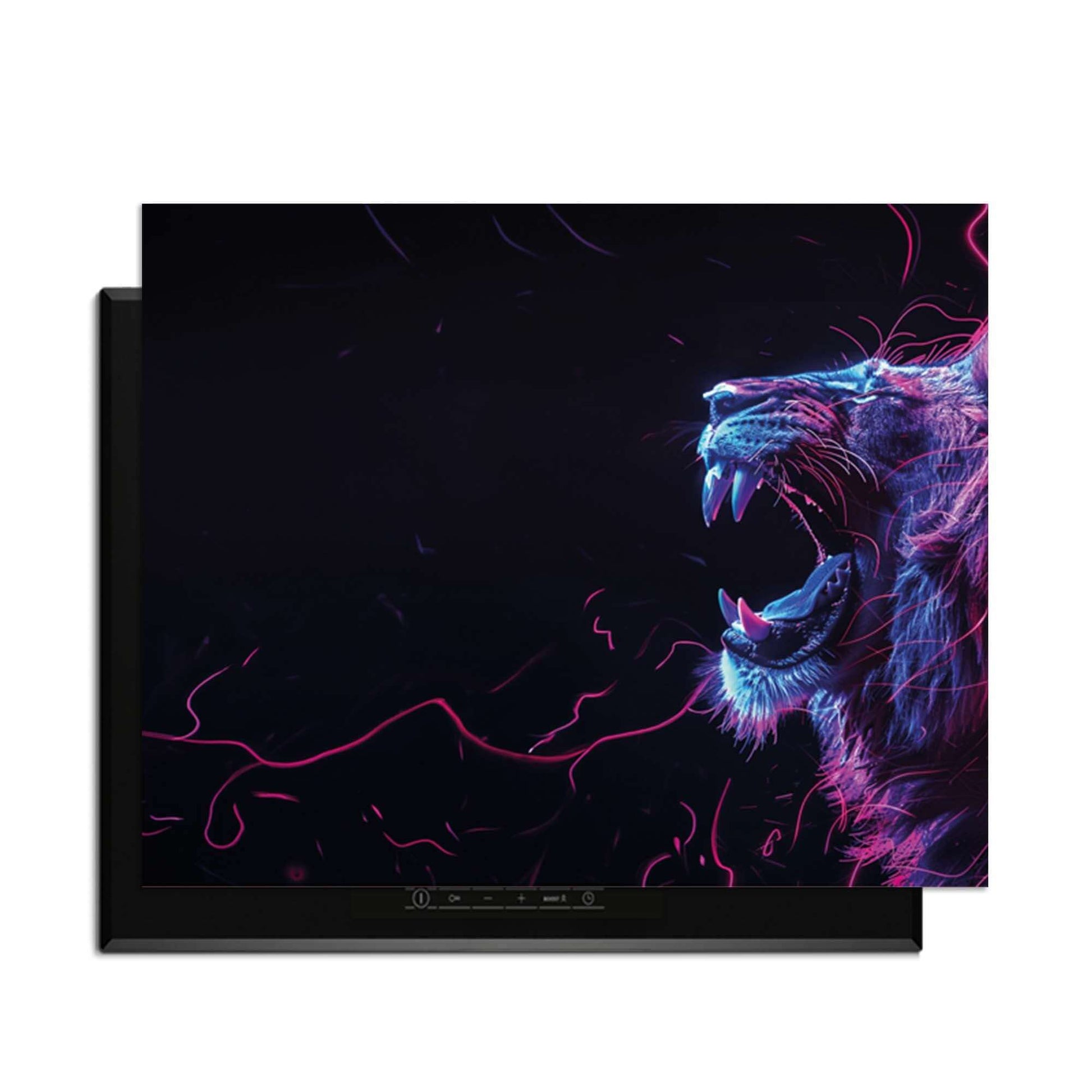 Neon Roar - Induktionsschutz mit einem lebendigen Löwen, perfekt für eine moderne Küche.