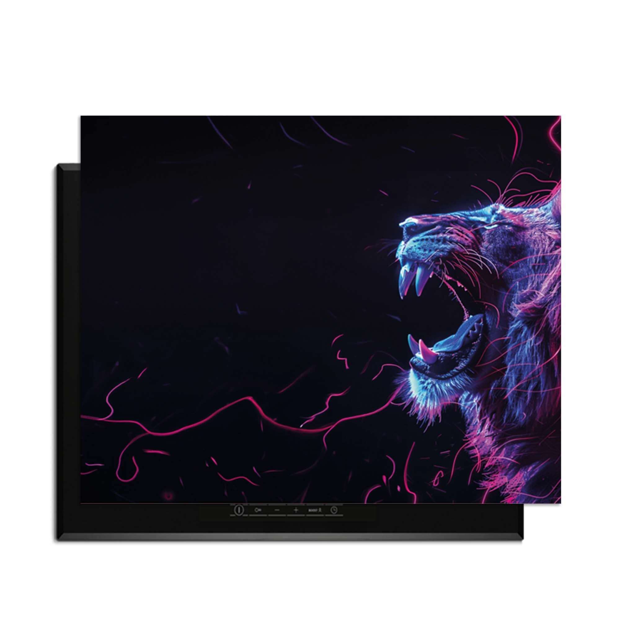 Neon Roar - Induktionsschutz mit einem lebendigen Löwen, perfekt für eine moderne Küche.