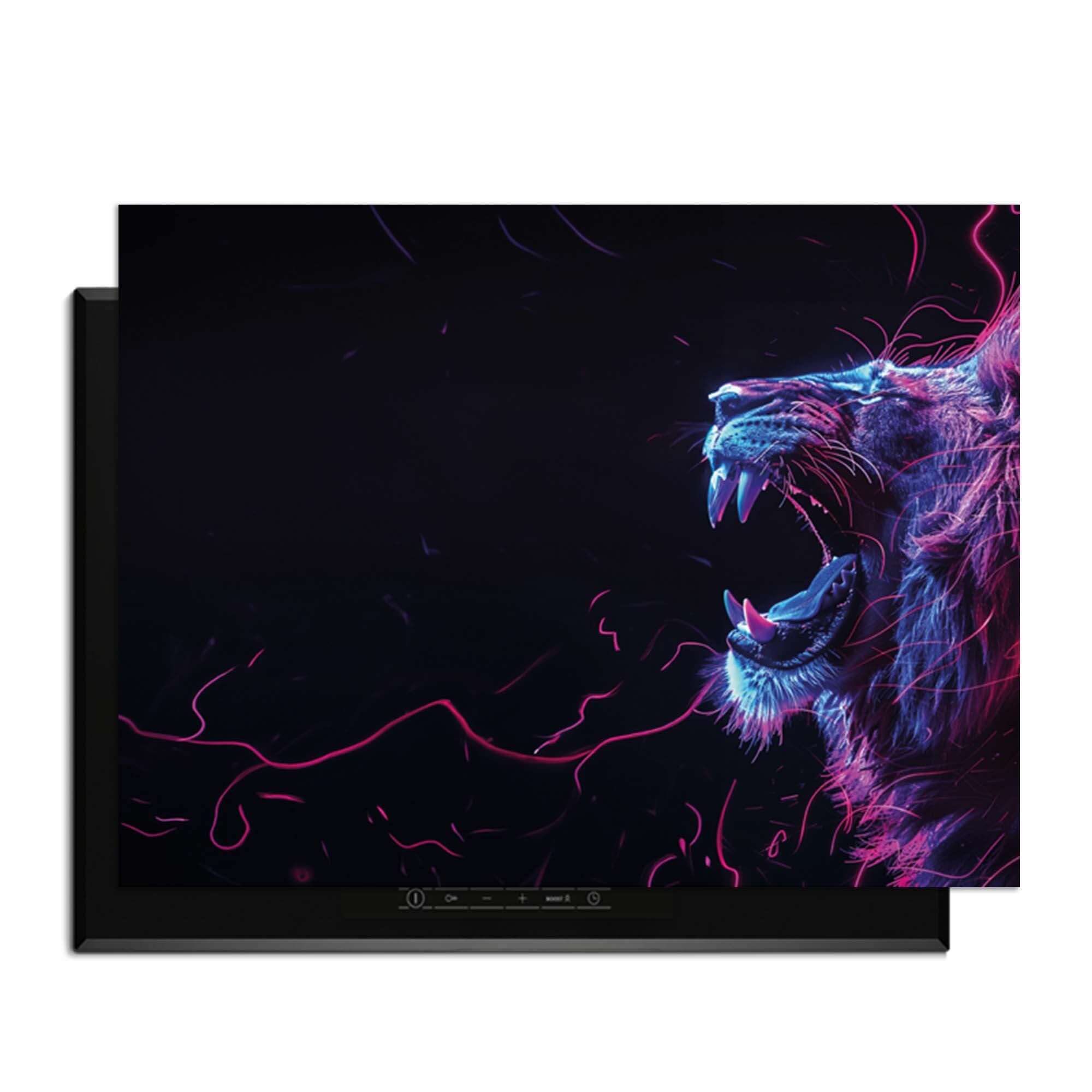 Neon Roar - Induction Guardian Bild mit einem farbigen Löwen, der Energie und Kraft ausstrahlt.