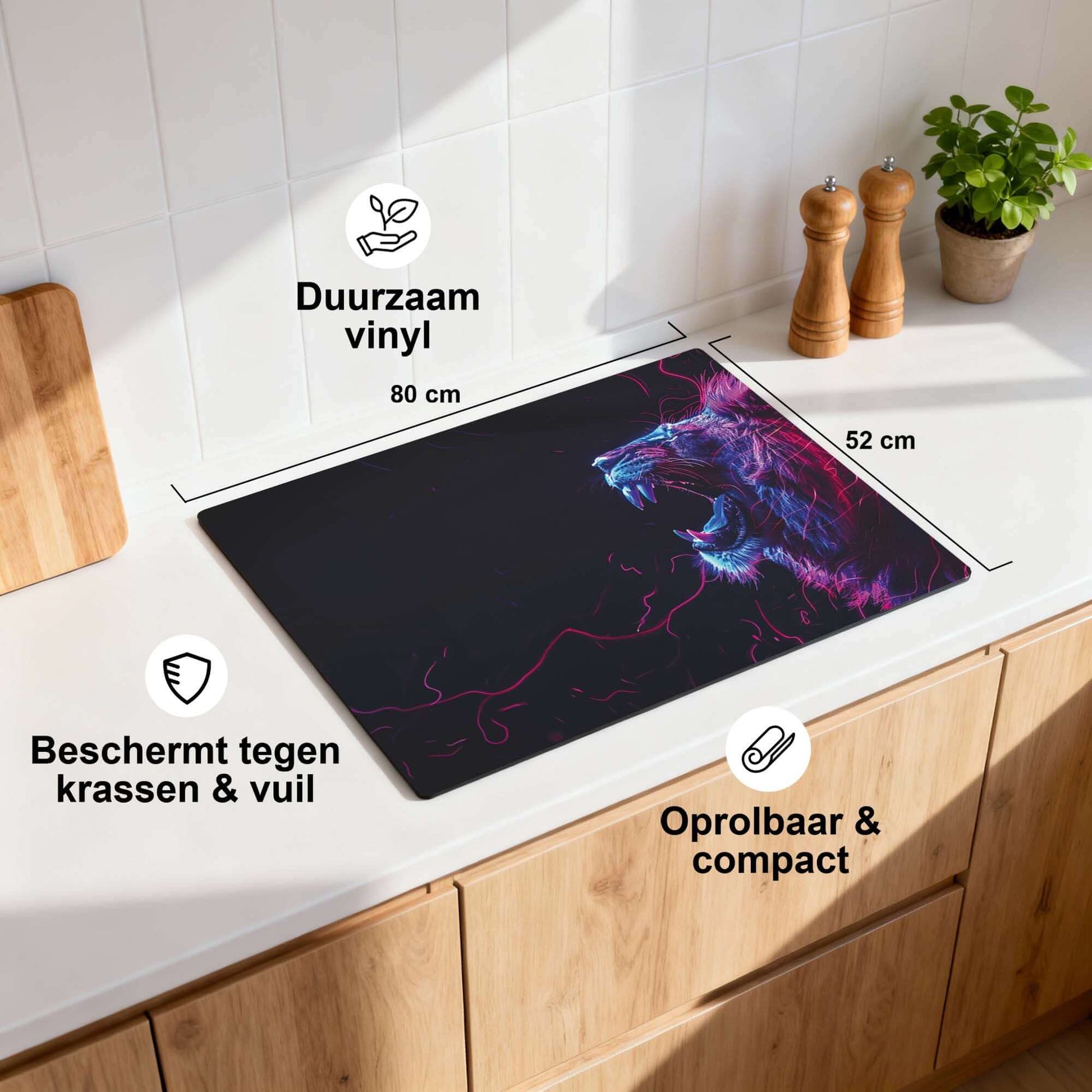 Neon Roar - Induktionsschutz auf einer Küchenarbeitsplatte, haltbares Vinyl, schützt vor Kratzern und Schmutz.