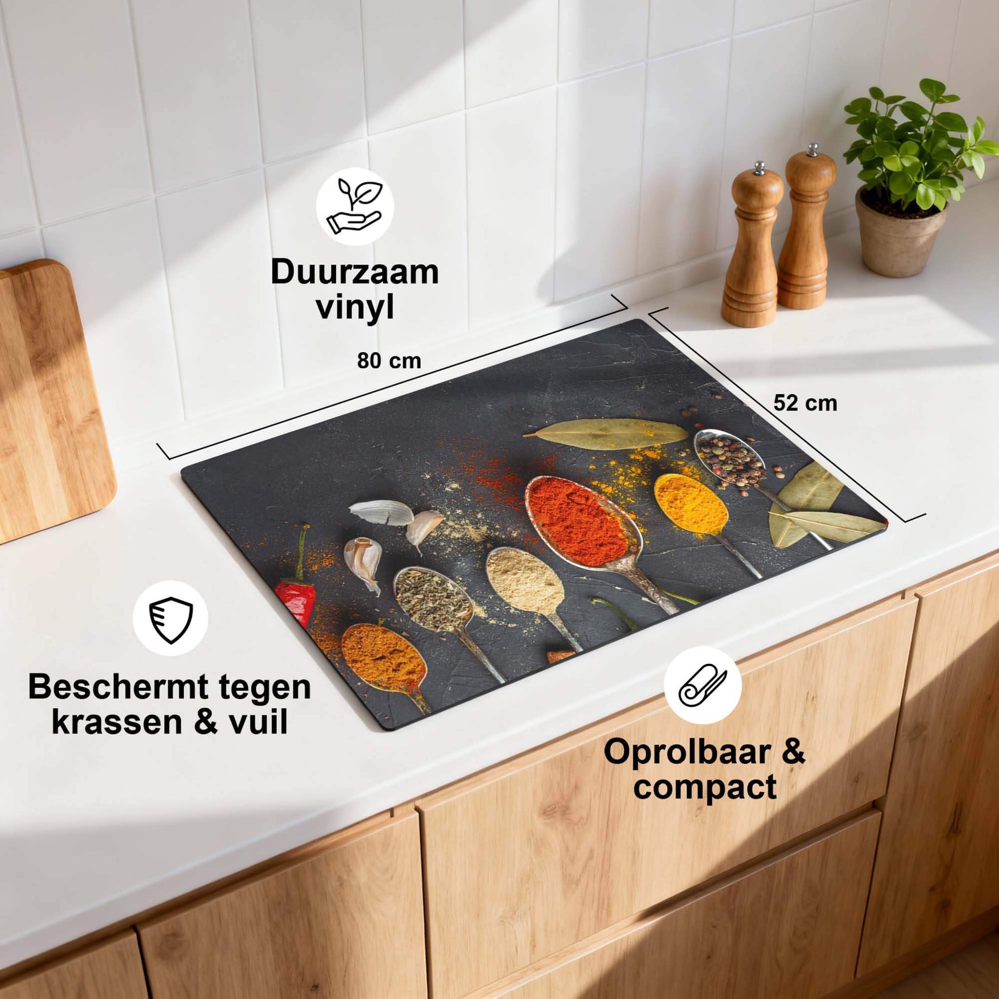 Spice Essence - Induktionsschutz mit Gewürzen auf einer strapazierfähigen Vinyloberfläche, 80x52 cm.